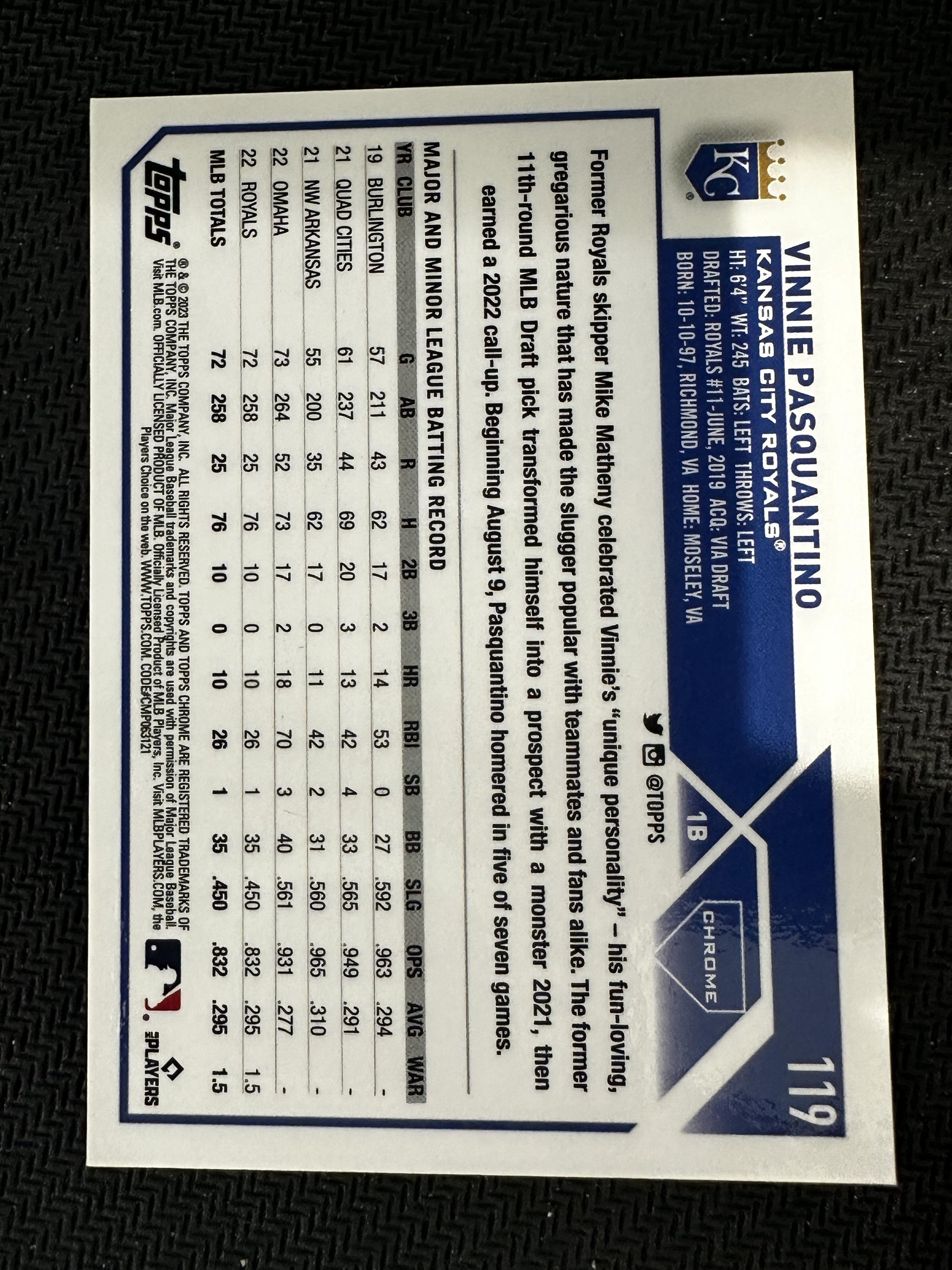 #119 Vinnie Pasquantino 2023 Topps Chrome SN #/399 Kansas City Royals Magenta