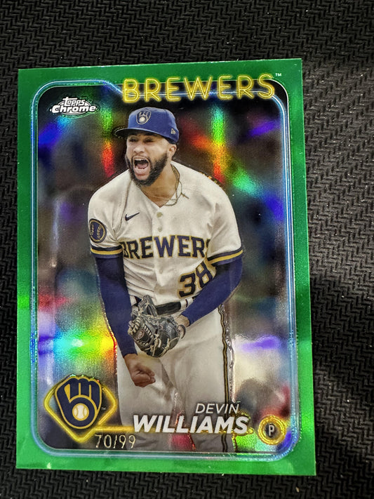 #103 Devin Williams 2024 Topps Chrome SN #/99 Milwaukee Brewers Green Refractor