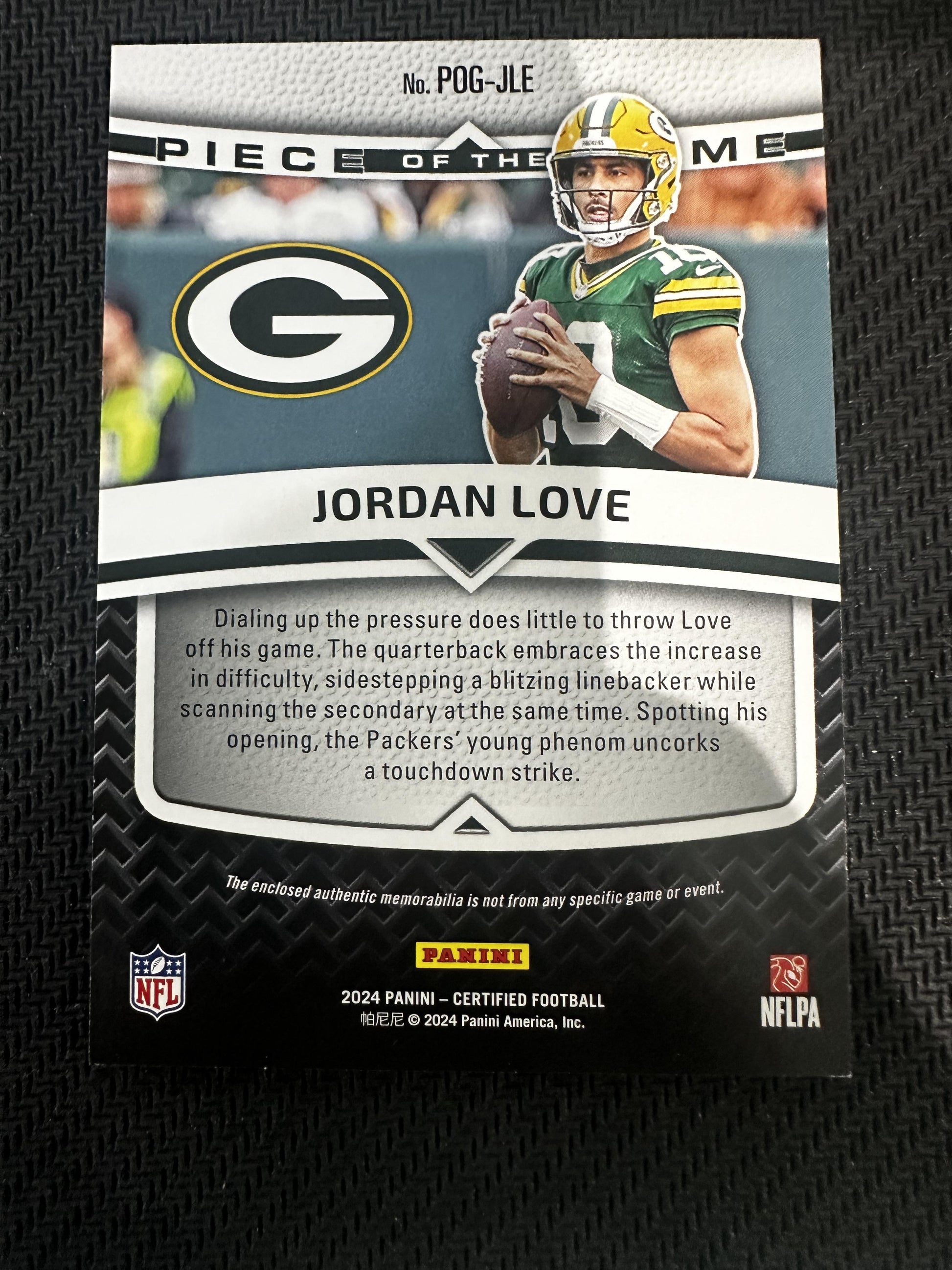 POG-JLE Jordan Love 2024 Panini Certified Piece of the Game /249