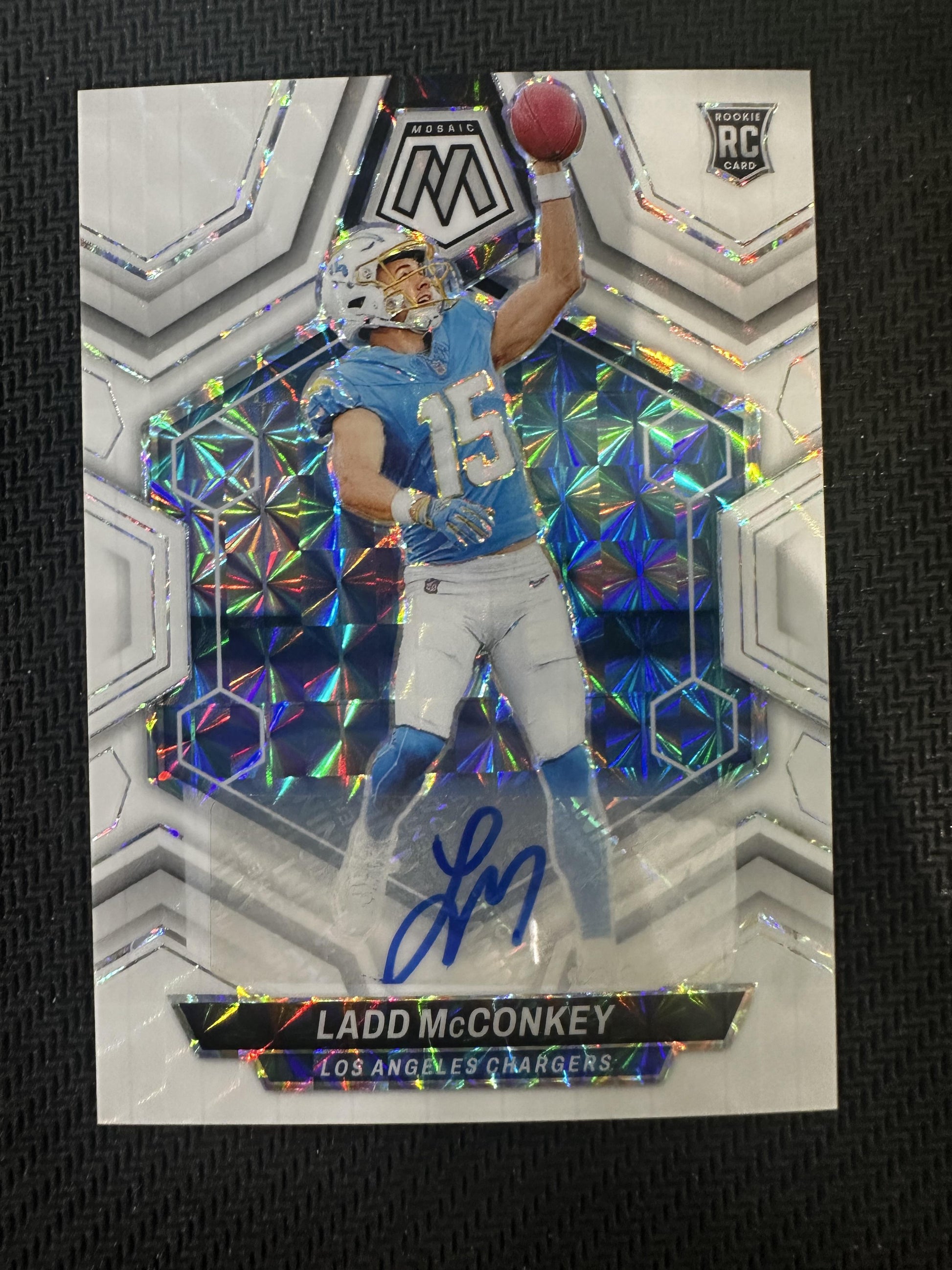 #334 Ladd McConkey 2024 Panini Mosaic Los Angeles Chargers Mosaic White Auto