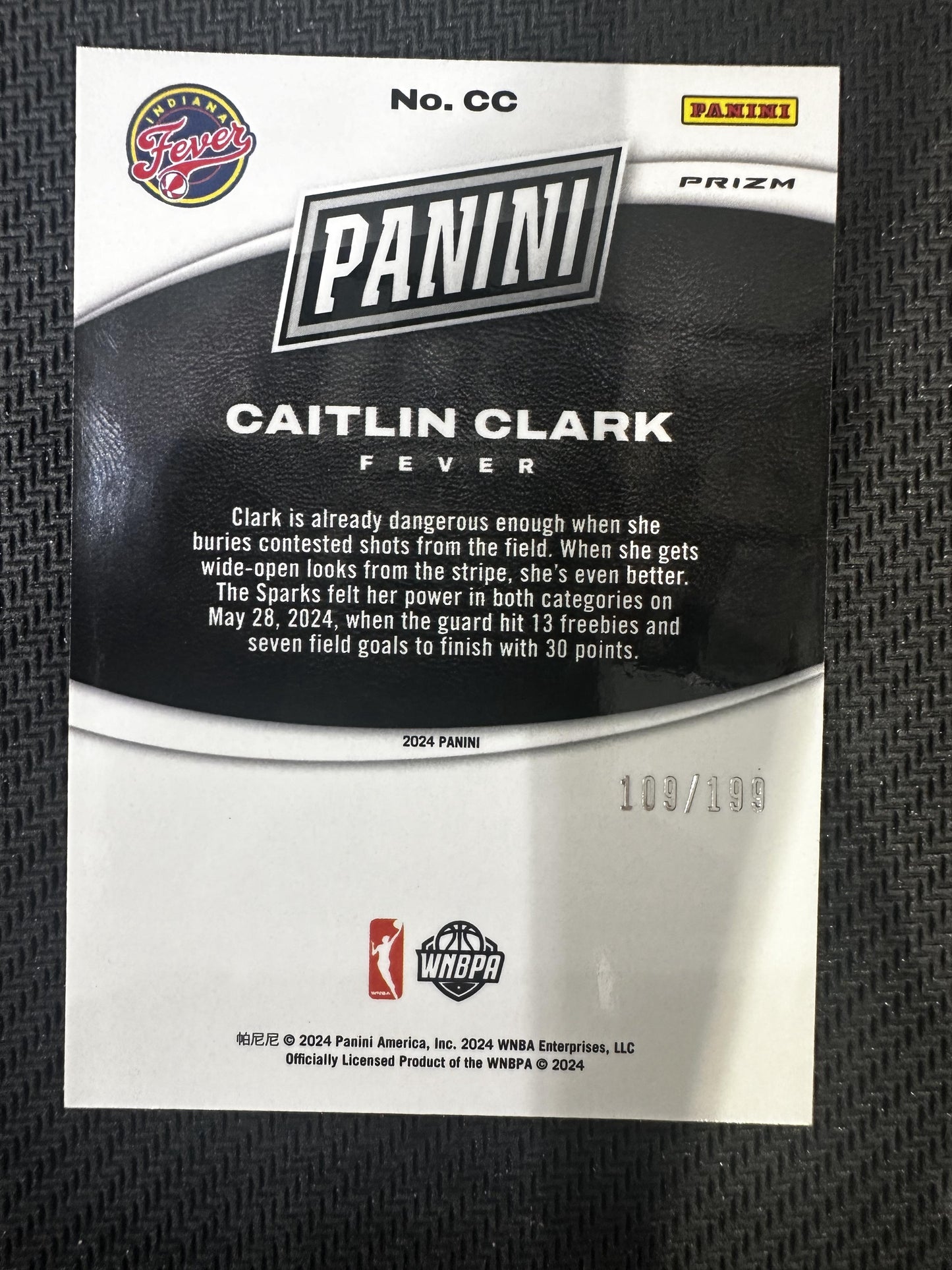 #CC Caitlin Clark 2024 Panini Black Friday SN #/199 Indiana Fever Rookies Opti