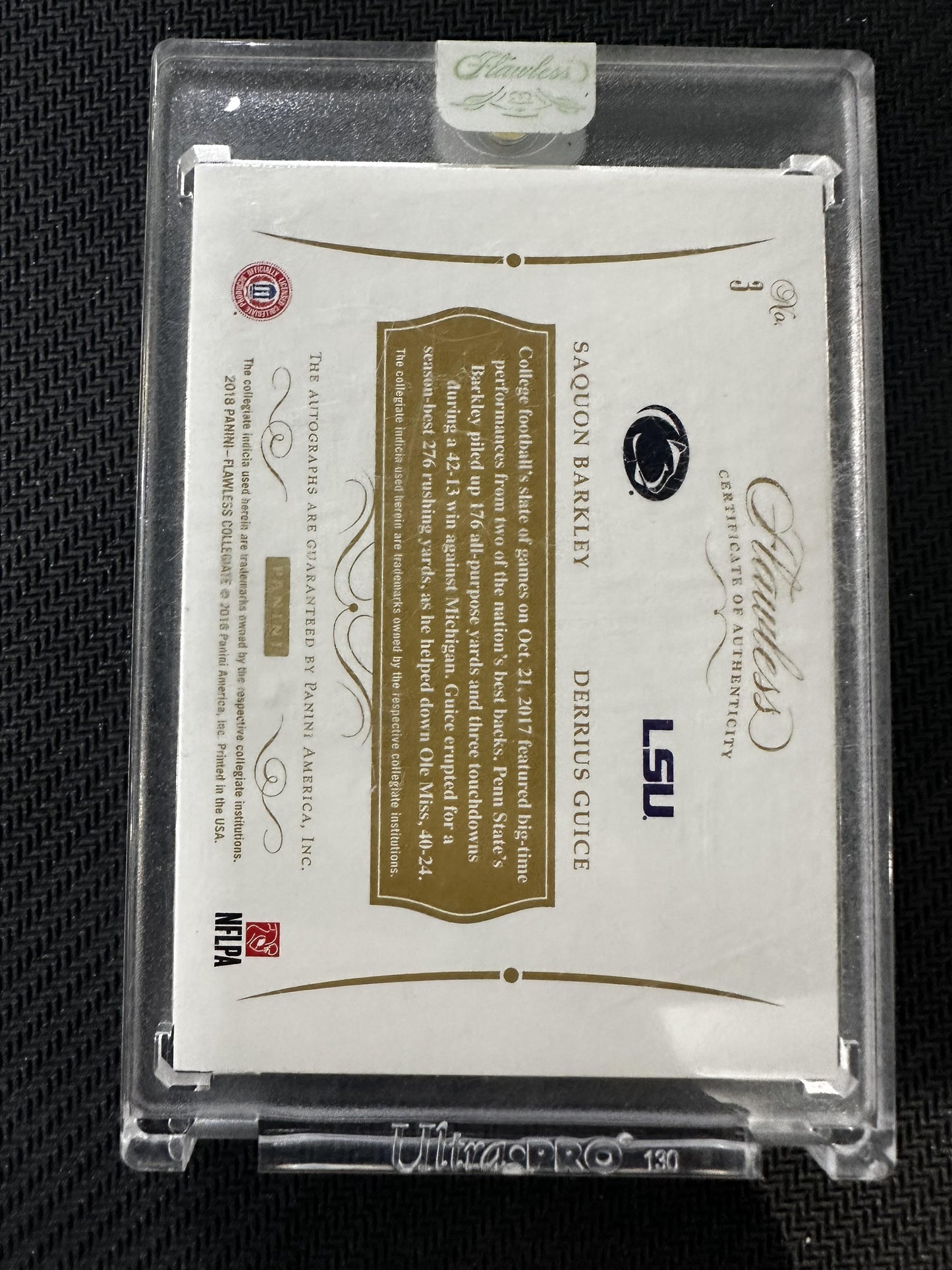 #3 Barkley/Guice 2018 Panini Flawless Collegiate Auto /10 Dual Signatures Gold