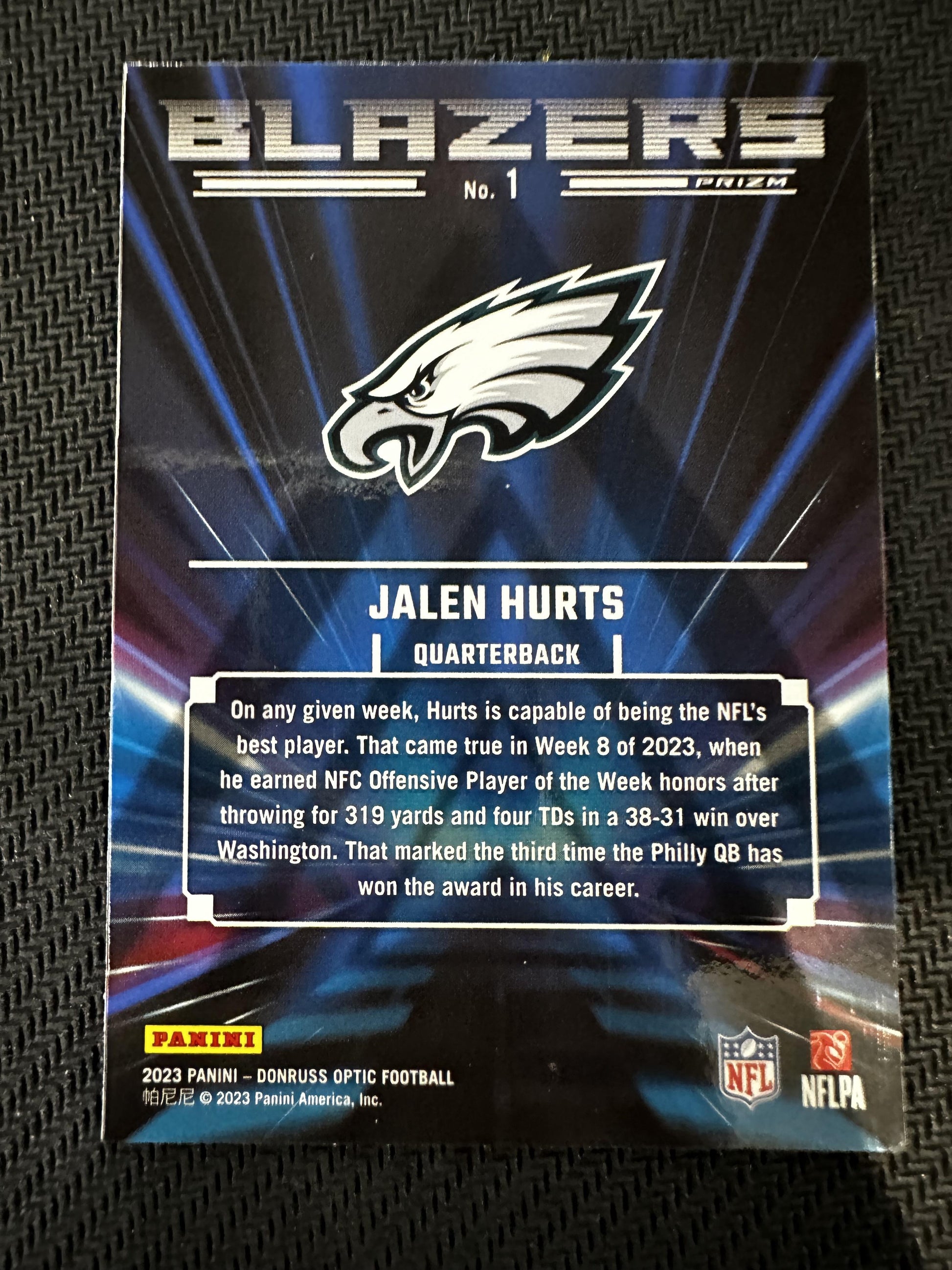 #1 Jalen Hurts 2023 Donruss Optic Philadelphia Eagles sports Blazers