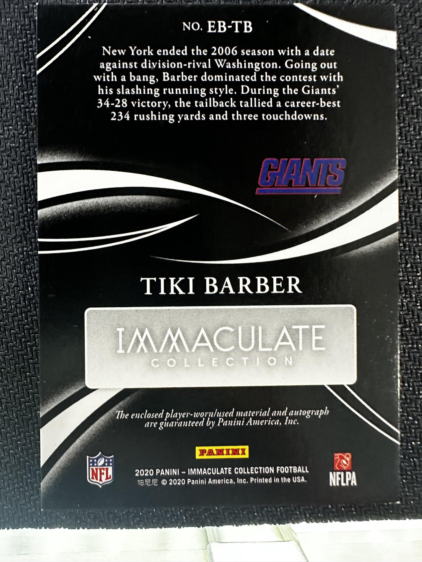 #EB-TB Tiki Barber 2020 Panini Immaculate Collection Auto /49 Eye Black Jersey