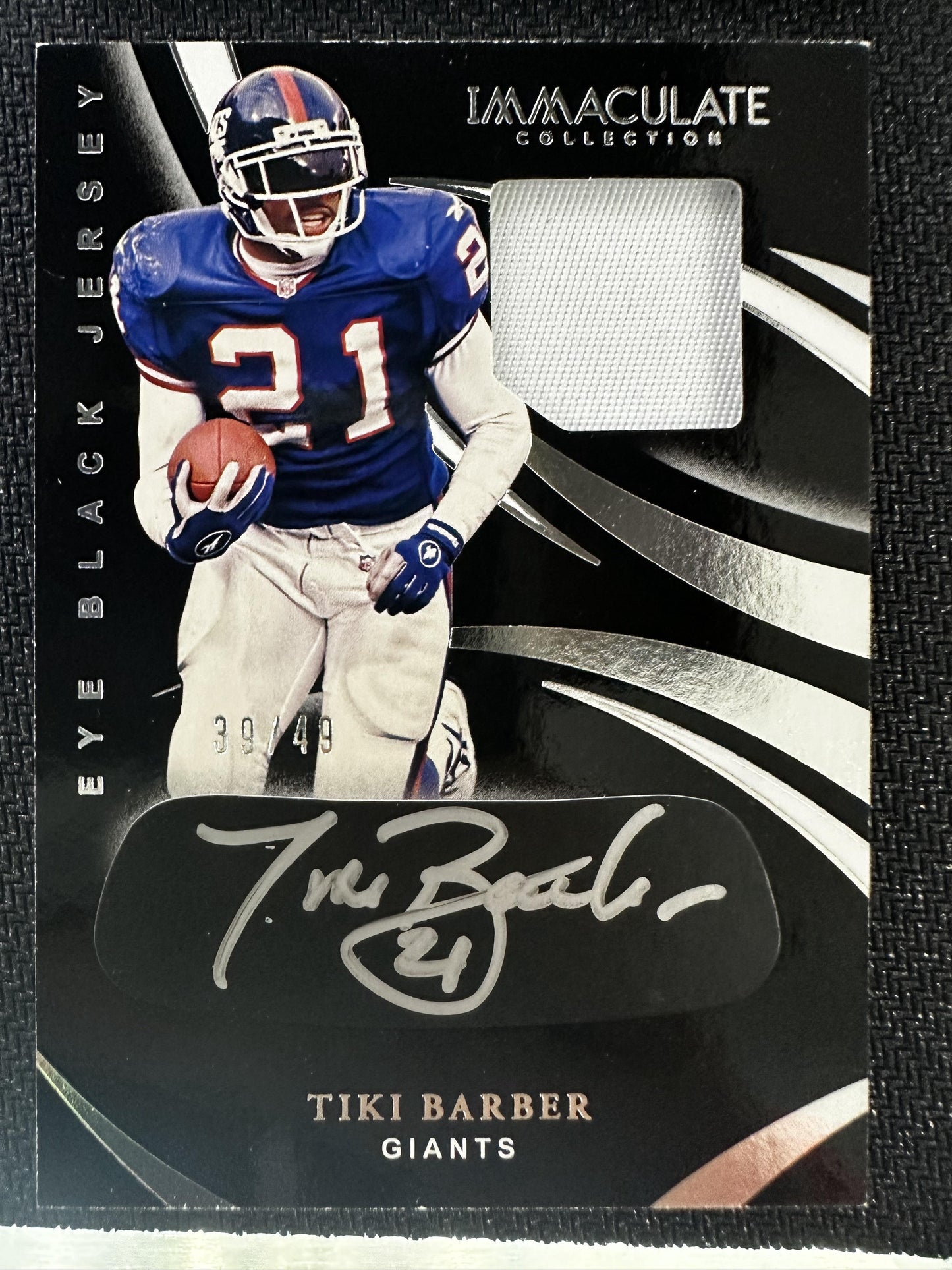 #EB-TB Tiki Barber 2020 Panini Immaculate Collection Auto /49 Eye Black Jersey