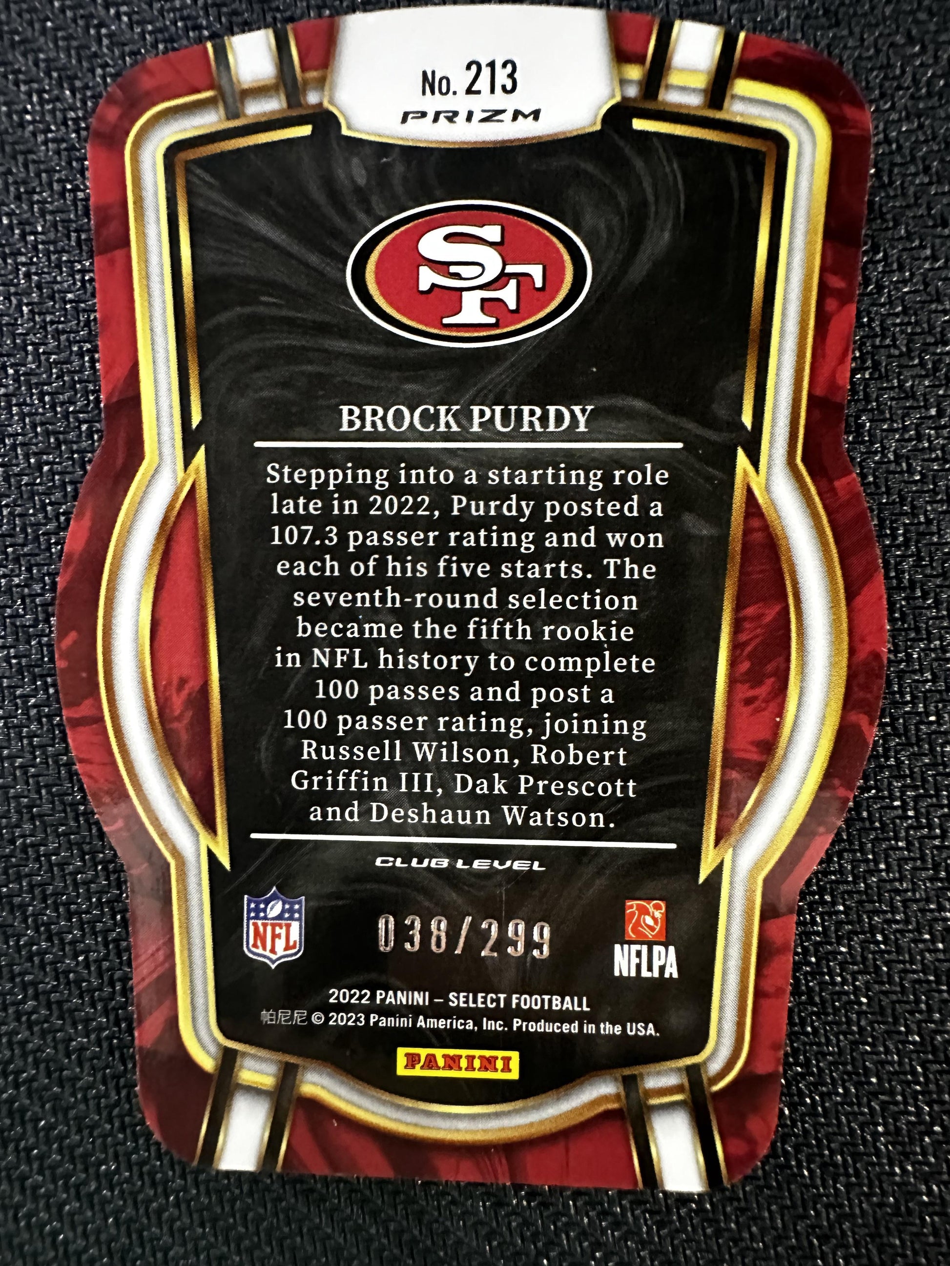 #213 Brock Purdy 2022 Panini Select SN,RC Rookie /299 49ers Neon Green Die Cut