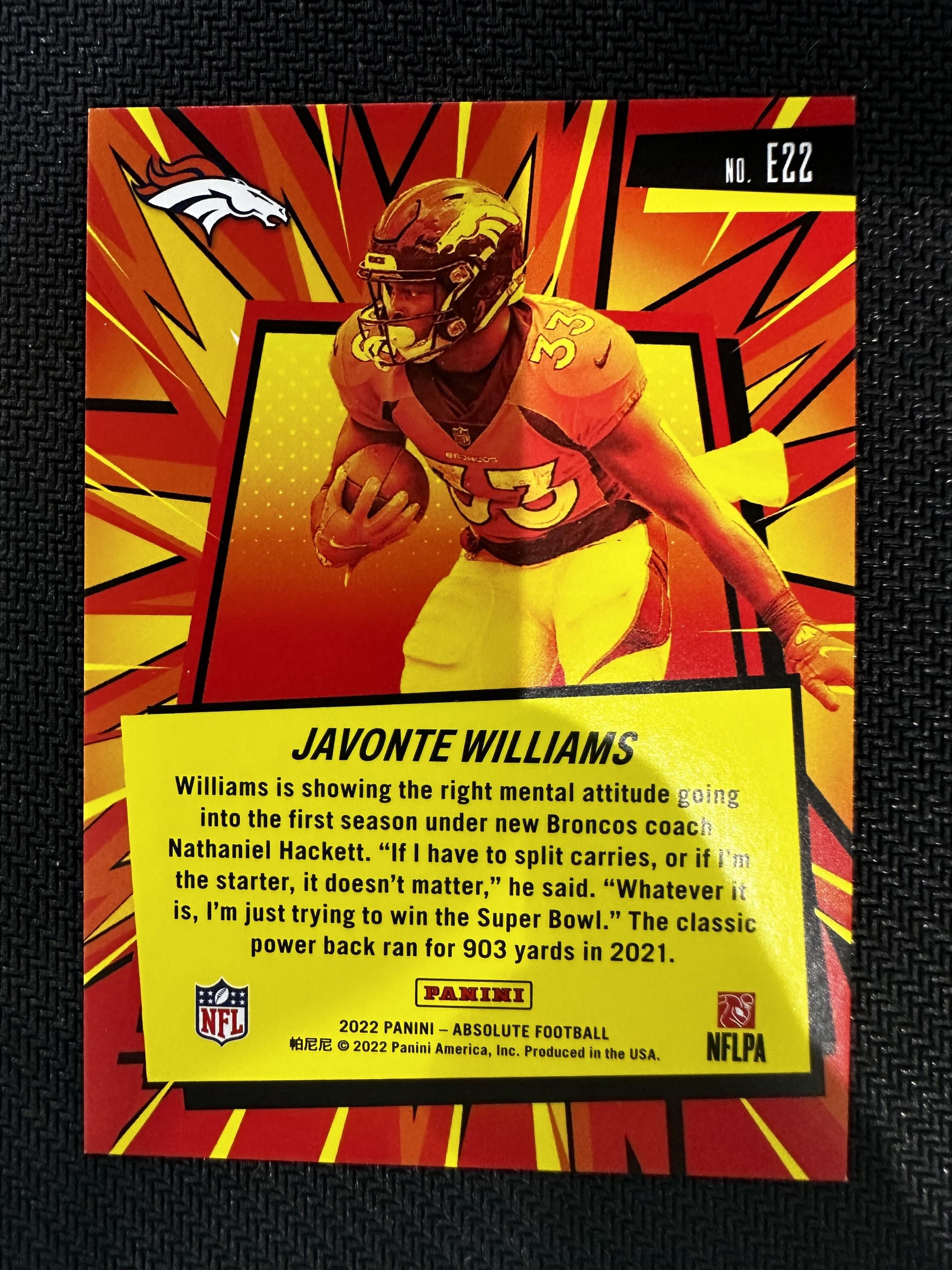 #E22 Javonte Williams 2022 Panini Absolute Denver Broncos sports Explosive