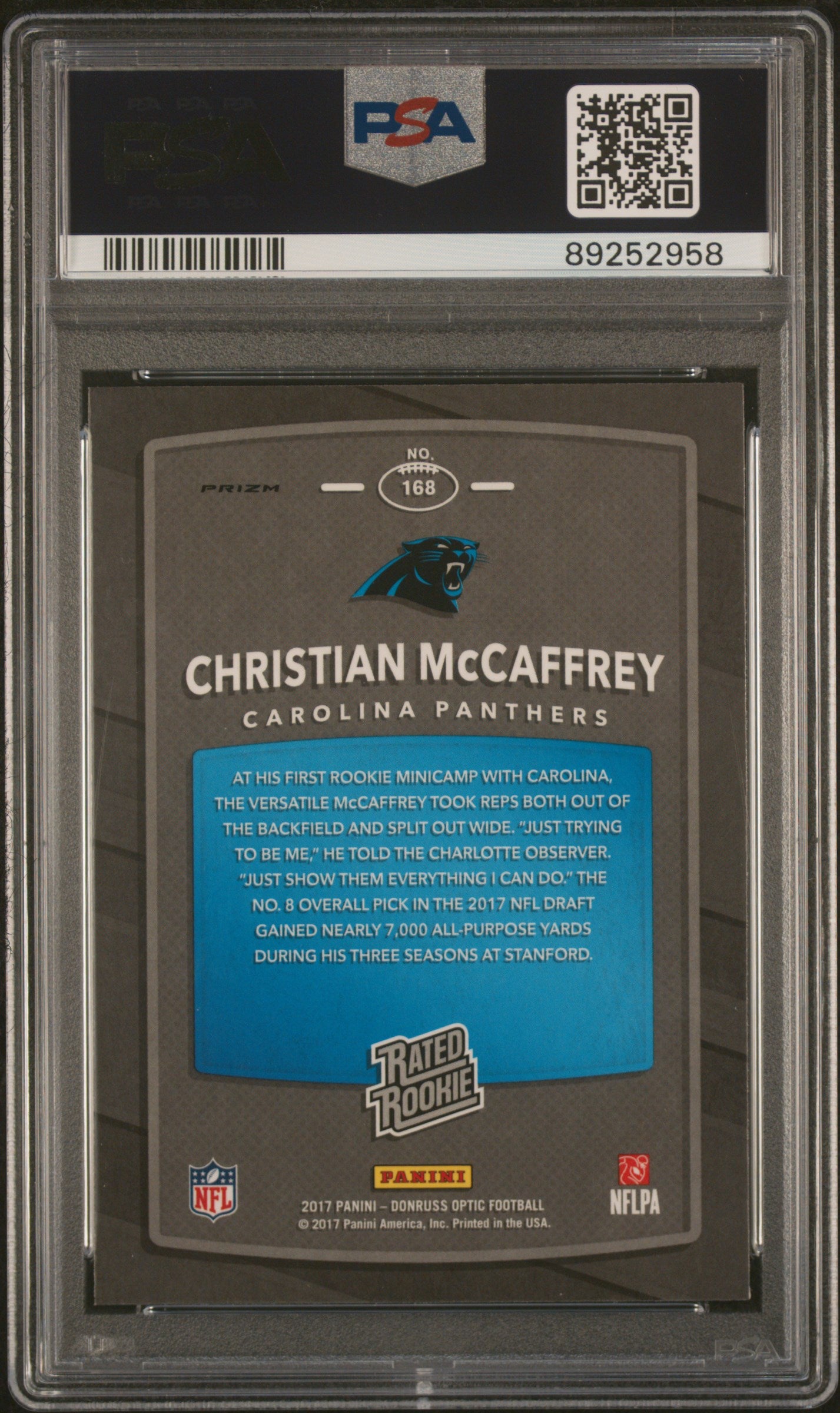 #168 Christian Mccaffrey 2017 Panini Donruss Optic 9 MT sports Red/Yellow