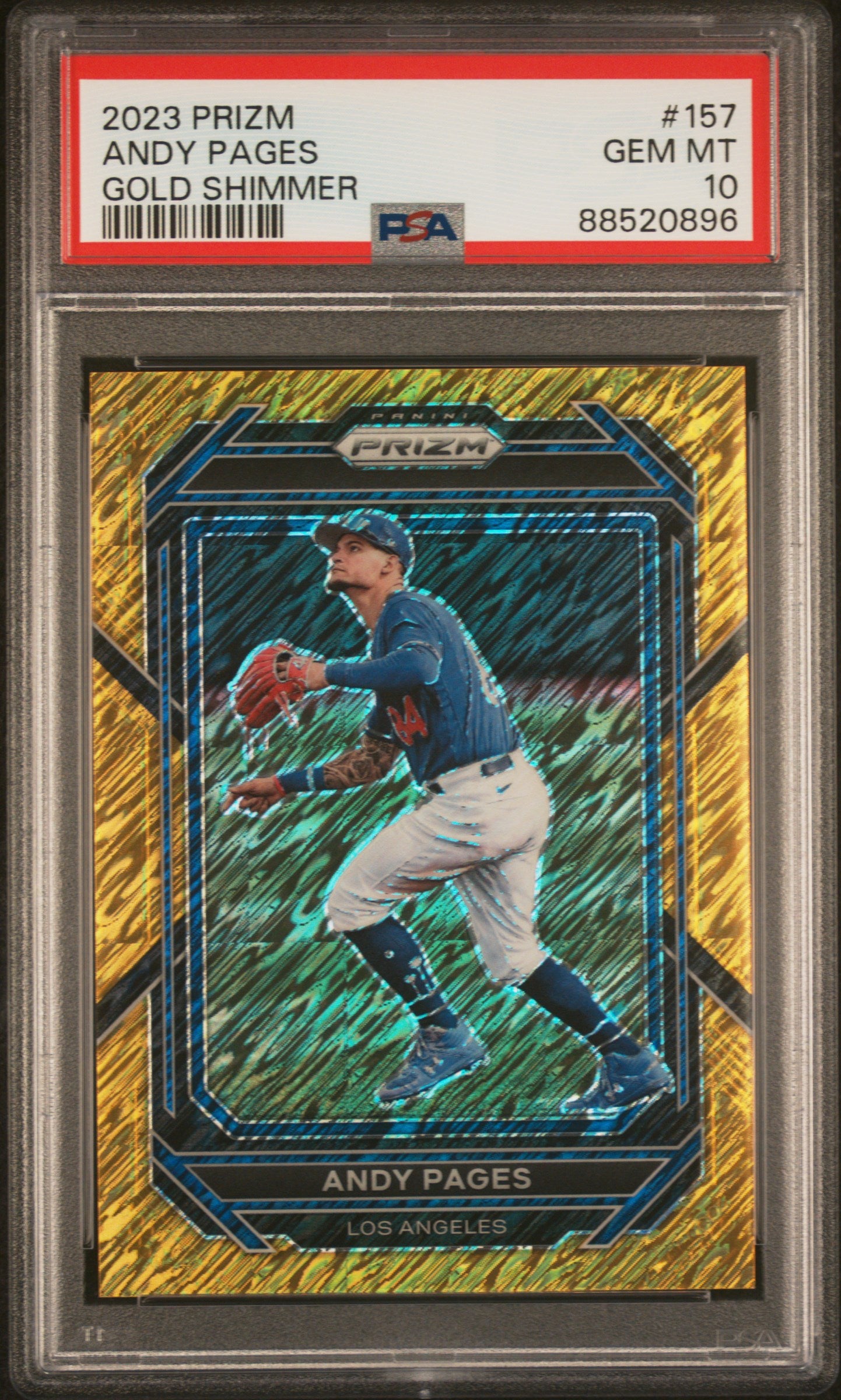 #157 Andy Pages 2023 Panini Prizm SN #/10 Dodgers Gold Shimmer Prizm