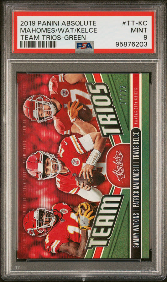 #TT-KC Mahomes/Watkins/Kelce 2019 Panini Absolute /25 9 Chiefs Team Trios Green