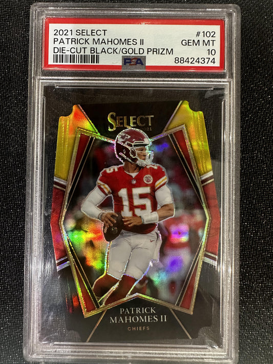 #102 Patrick Mahomes II 2021 Panini Select Chiefs Black and Gold Die Cut