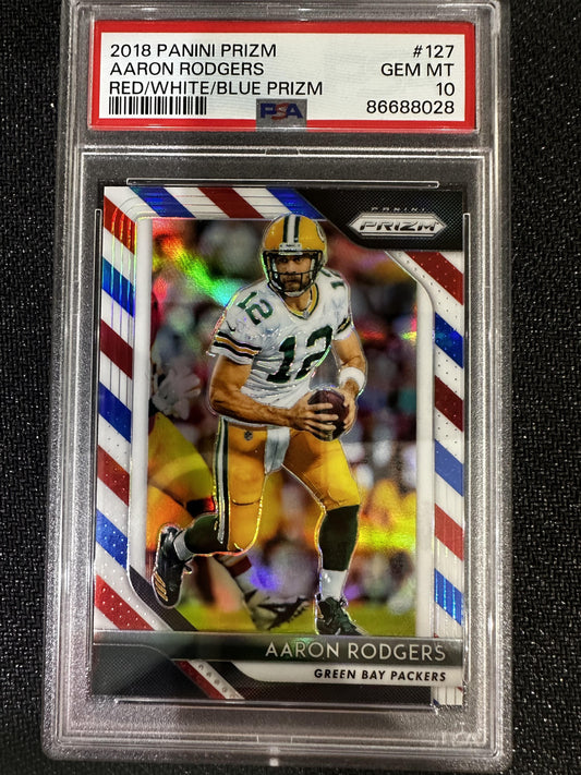 #127 Aaron Rodgers 2018 Panini Prizm Green Bay Packers Red White and Blue