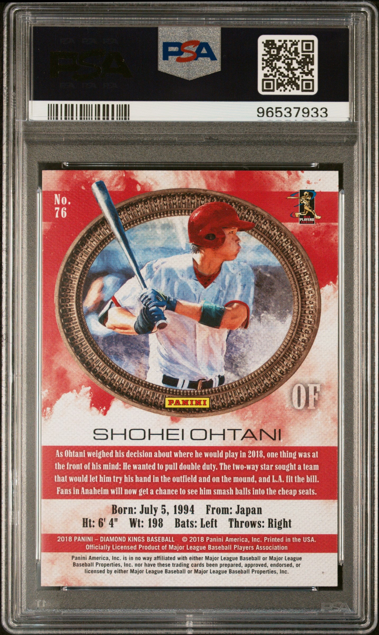 #76 Shohei Ohtani 2018 Panini Diamond Kings 10 GEM-MT sports Facing Right