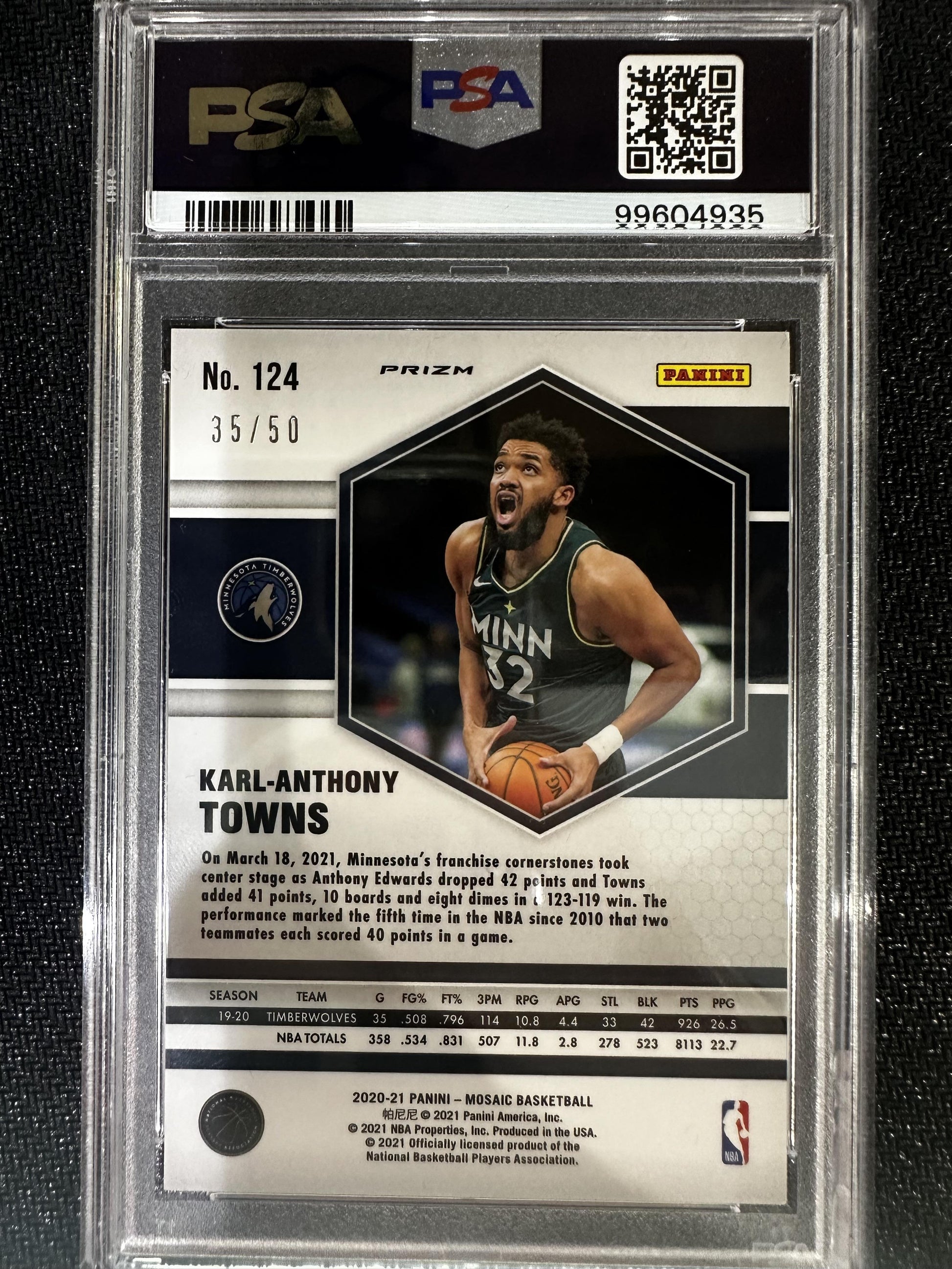 #124 Karl-Anthony Towns 2020-21 Panini Mosaic /50 Timberwolves Fast Break Purple