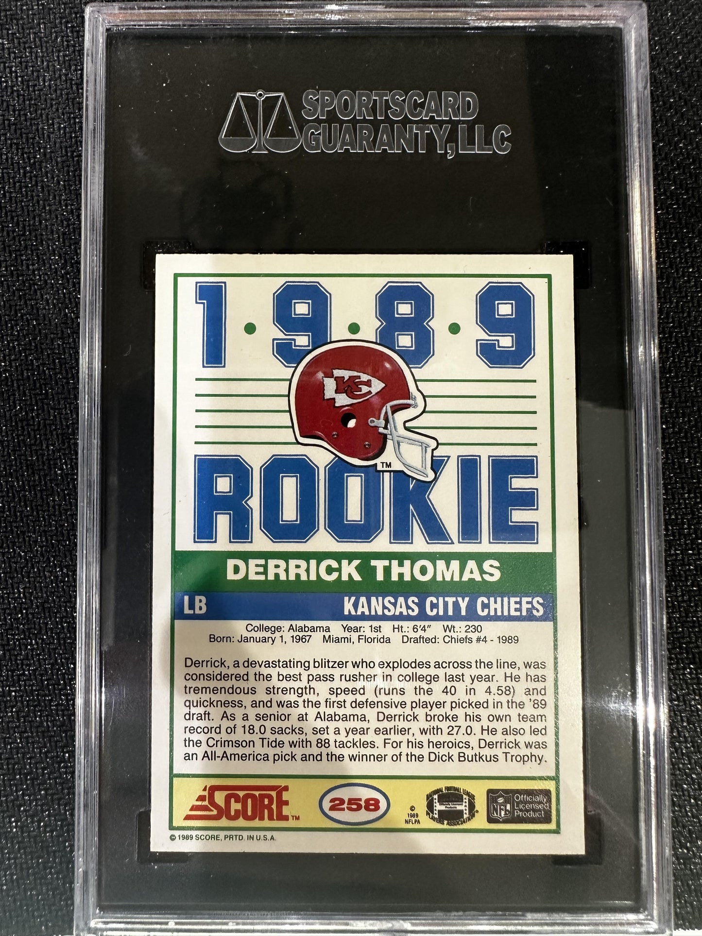 #258 Derrick Thomas 1989 Score RC Rookie Kansas City Chiefs sports