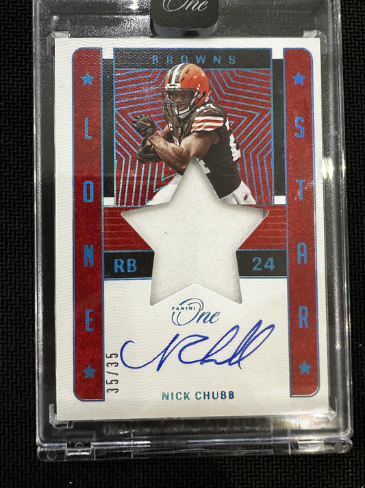 #99 Nick Chubb 2022 Panini One AU,MEM,SN Auto #/35 Cleveland Browns sports Blue