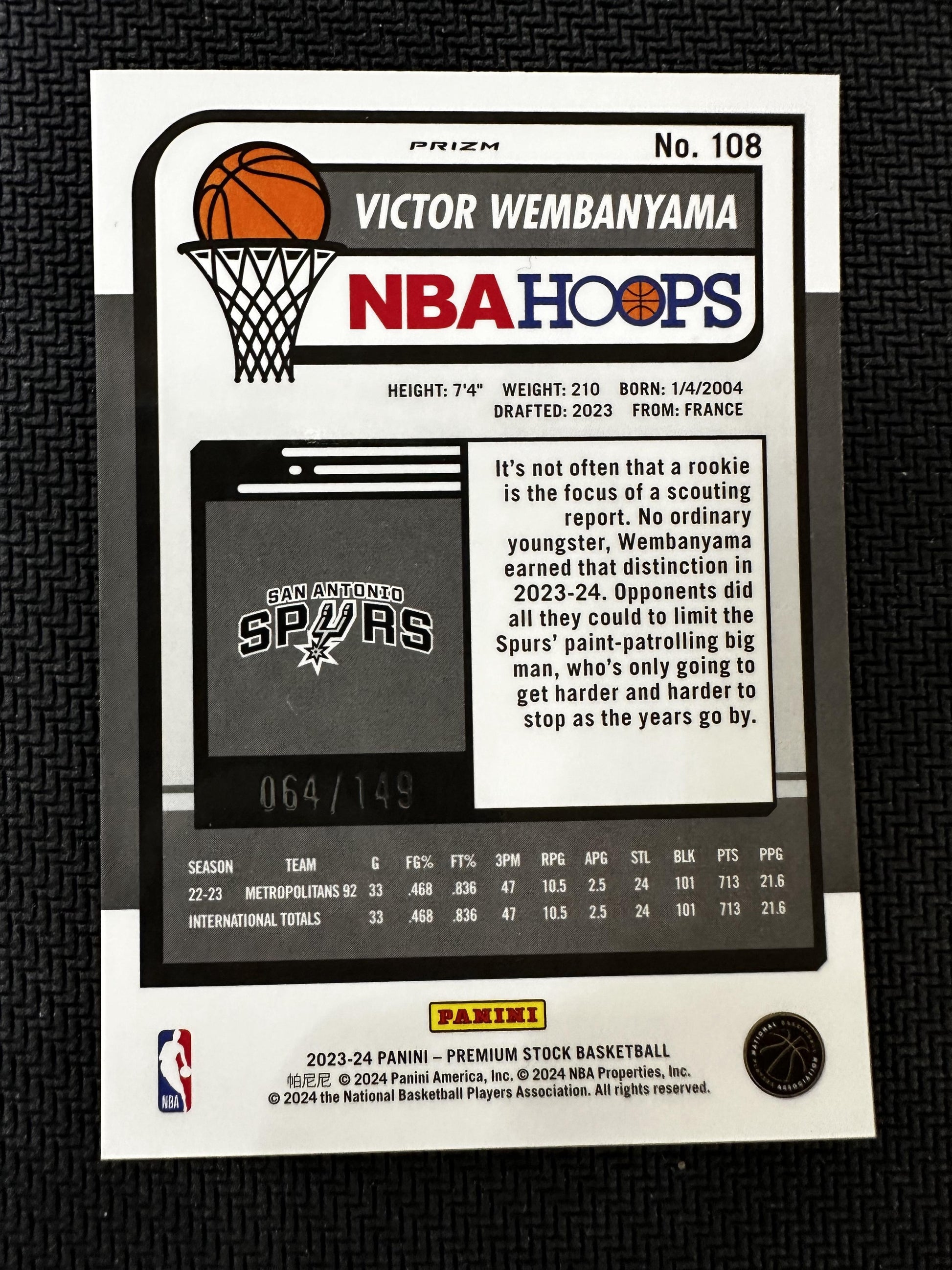 #108 Victor Wembanyama 2023-24 Panini Premium Stock /149 Spurs Purple Ice