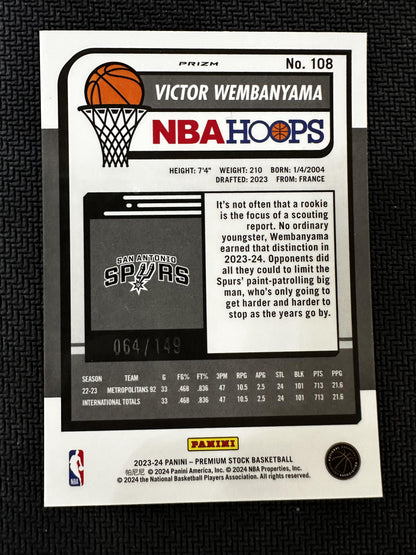 #108 Victor Wembanyama 2023-24 Panini Premium Stock /149 Spurs Purple Ice