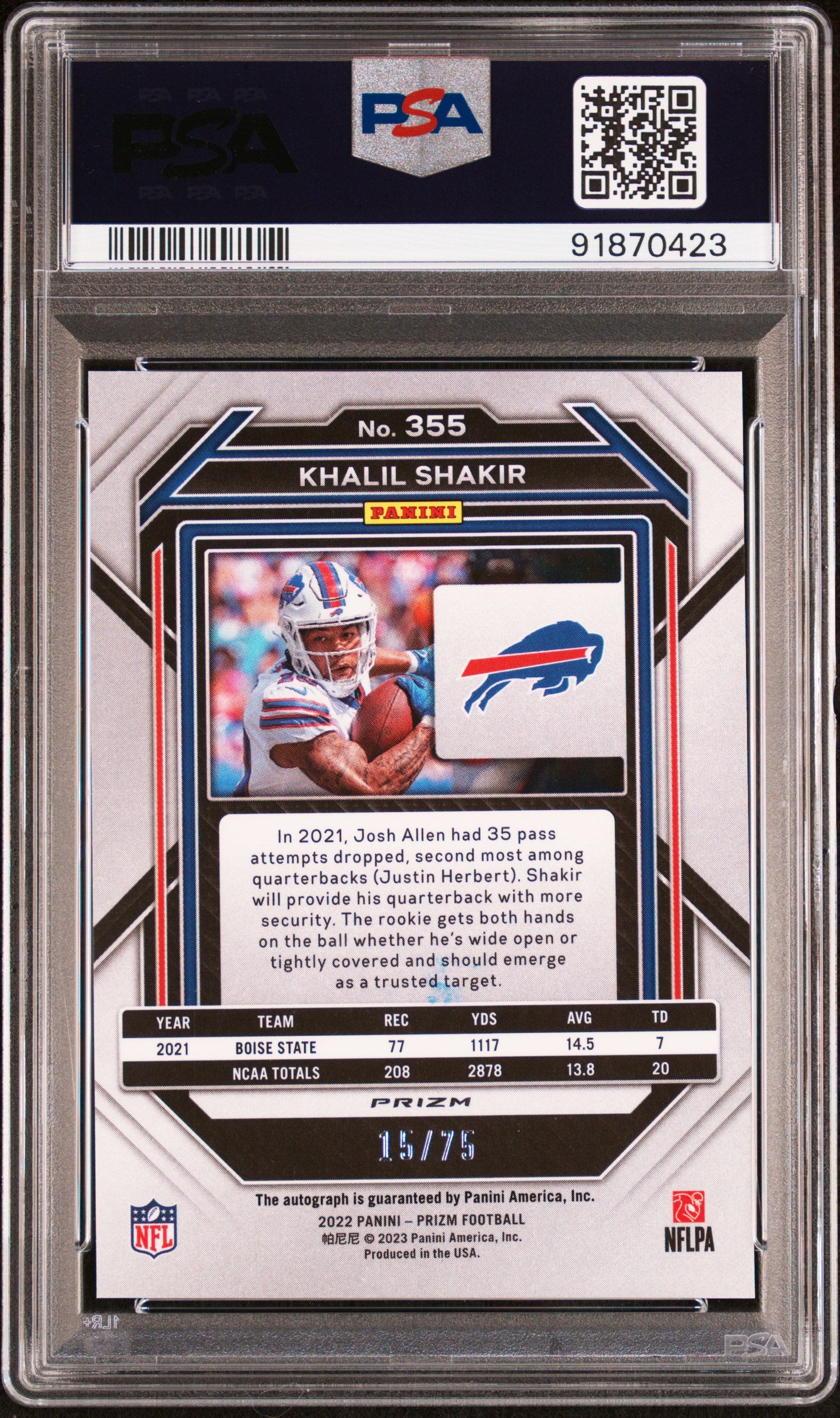 #355 Khalil Shakir 2022 Panini Prizm 10 GEM-MT sports Autograph-Green Scope