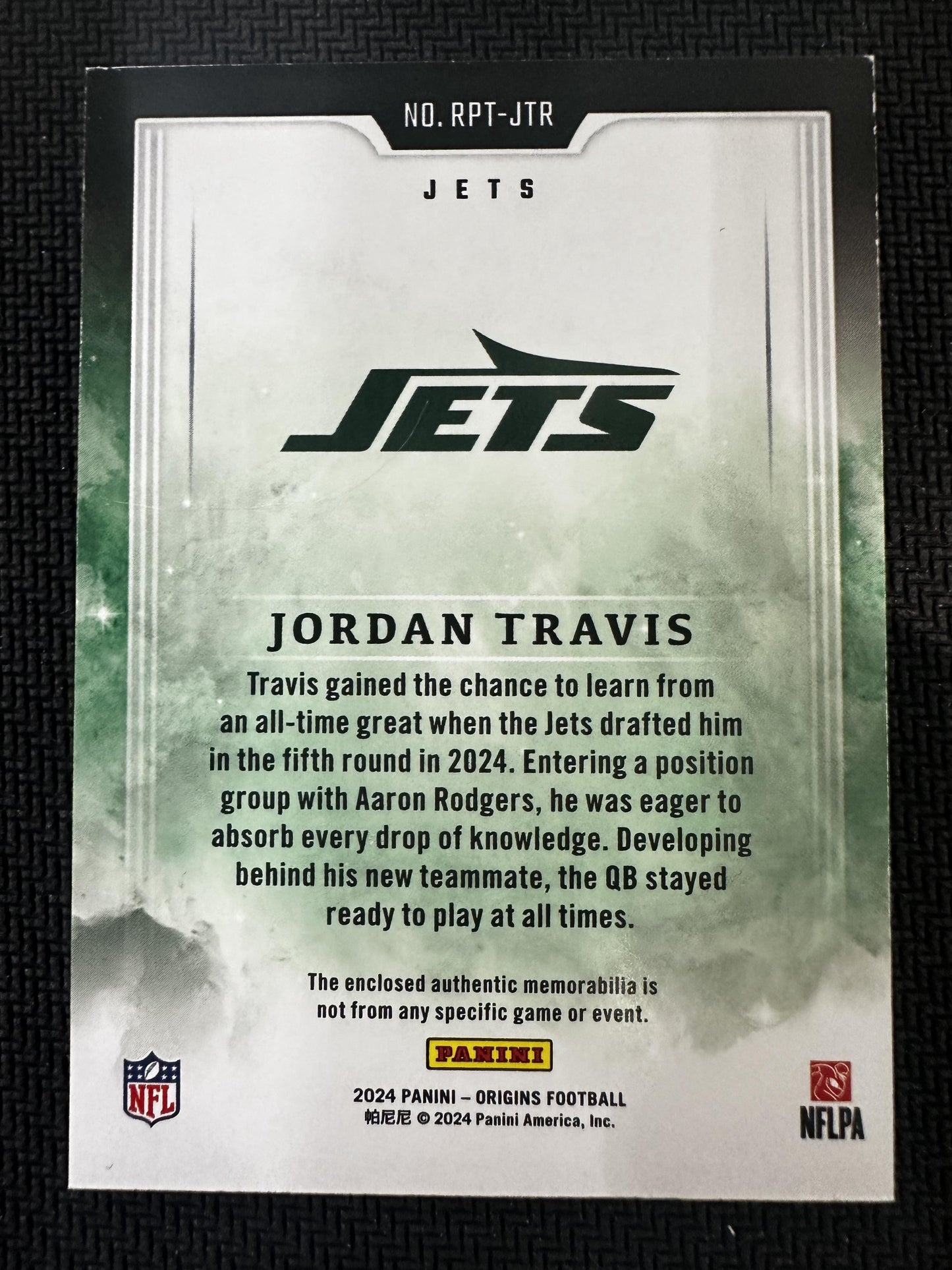 #RPT-JTR Jordan Travis 2024 Panini Origins /75 Jets Rookie Patches Orange