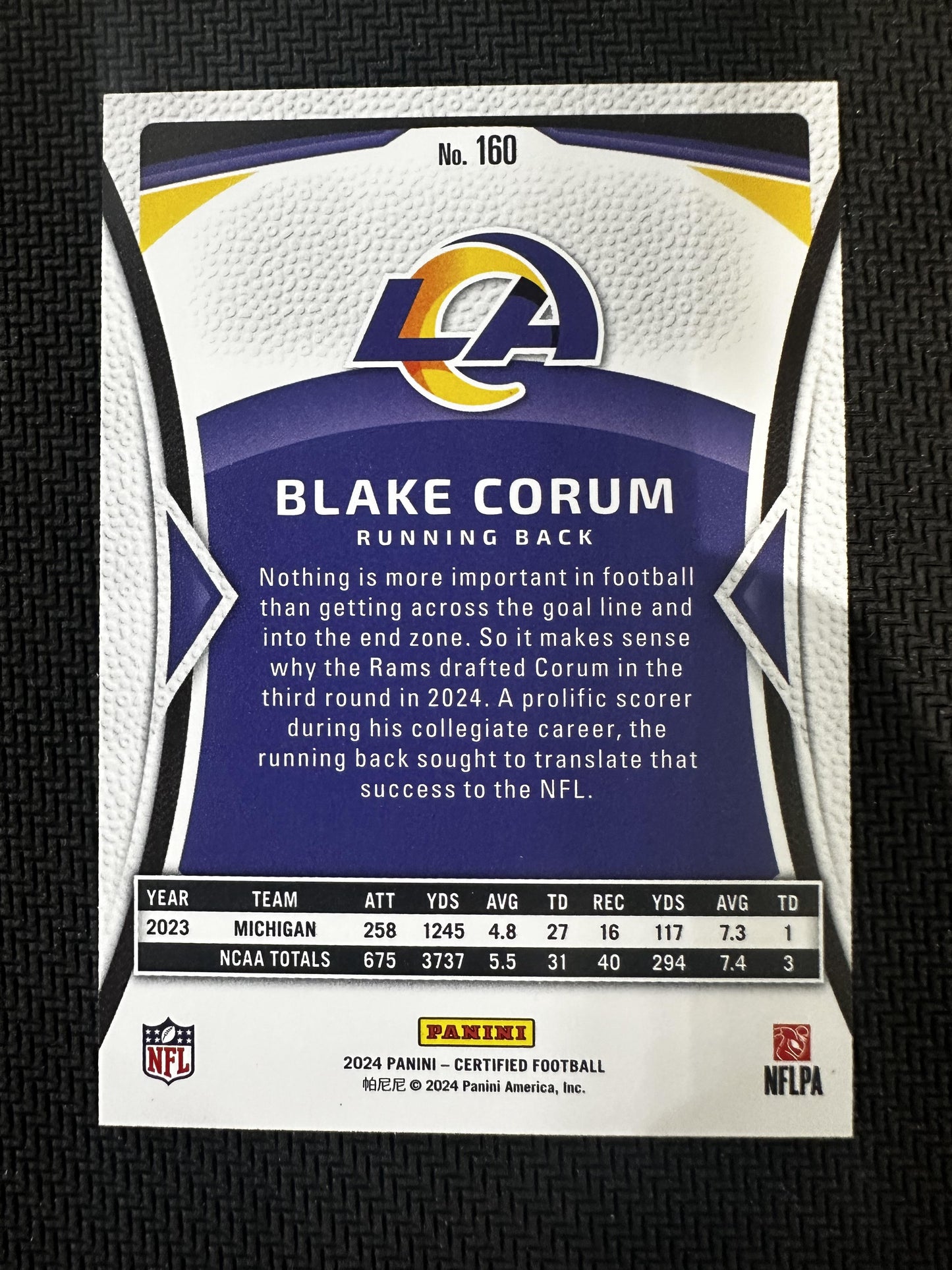 #160 Blake Corum 2024 Panini Certified Mirror Black 1/1