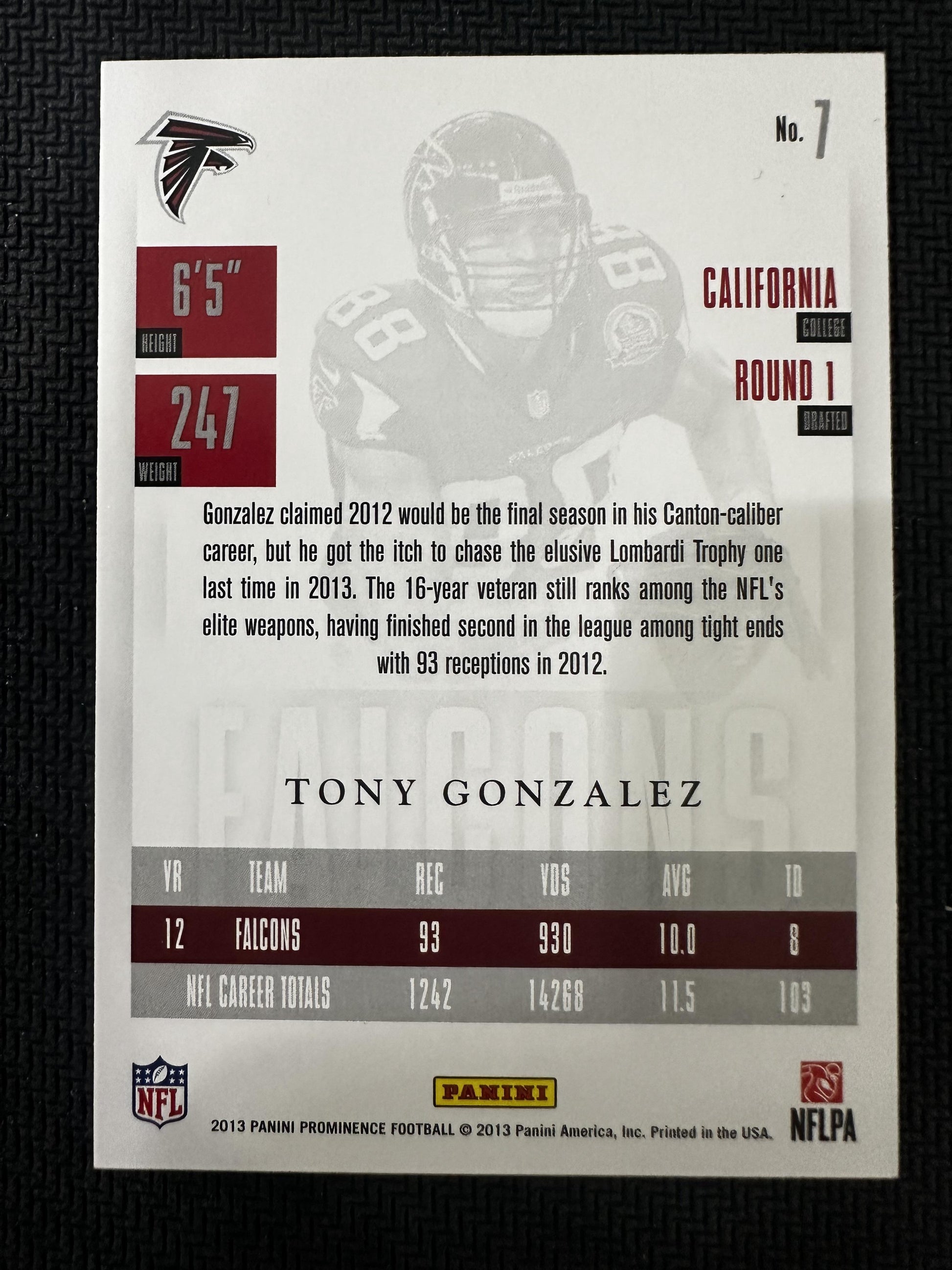 #7 Tony Gonzalez 2013 Panini Prominence SN #/99 Atlanta Falcons sports Platinum