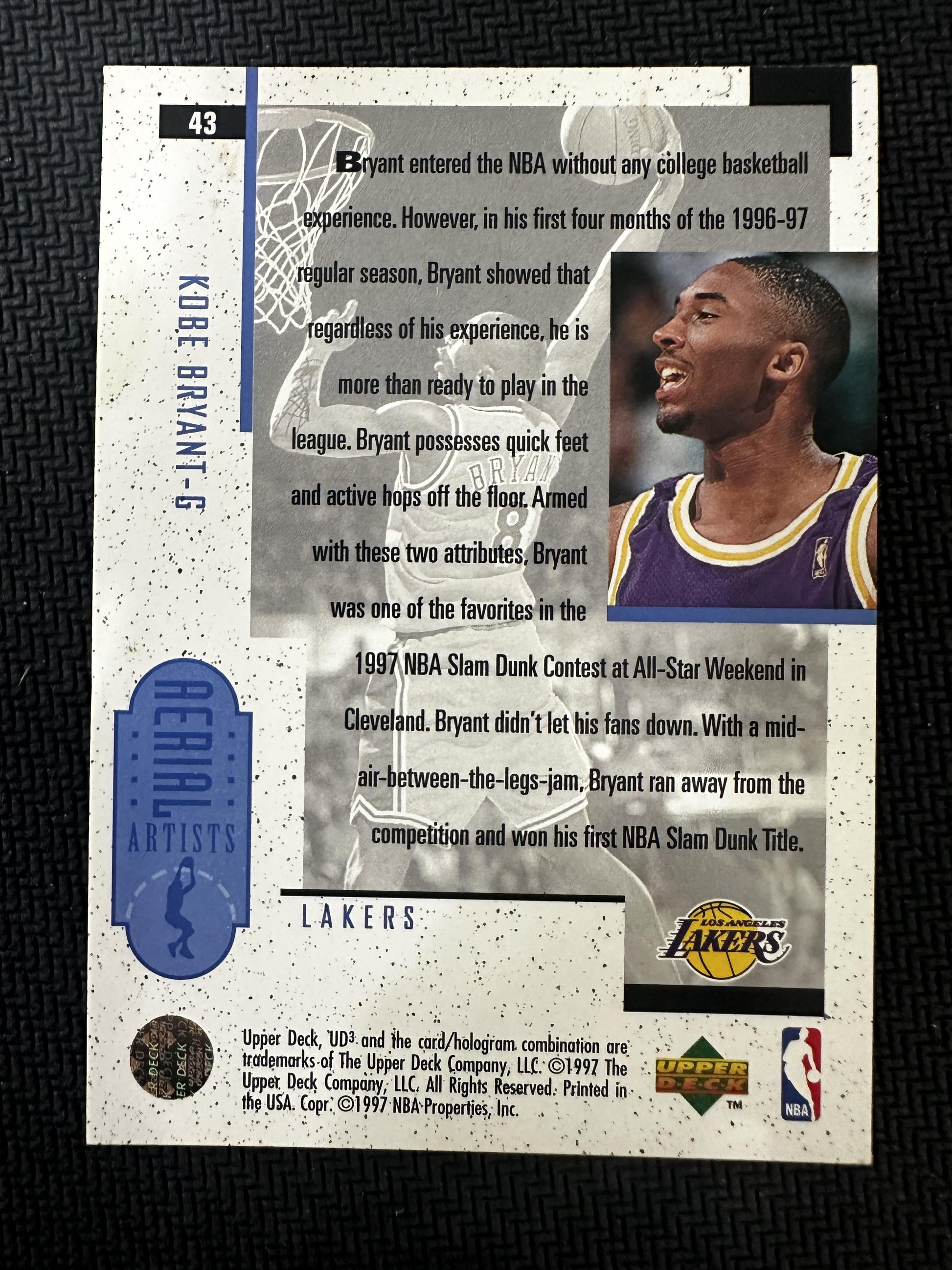 #43 Kobe Bryant 1996-97 Upper Deck UD3 Los Angeles Lakers sports