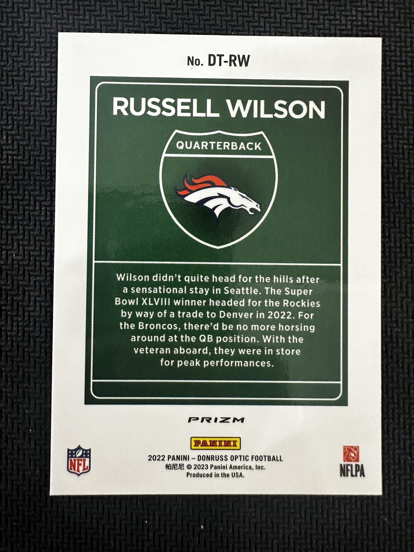 #DT-RW Russell Wilson 2022 Donruss Optic Denver Broncos sports Downtown