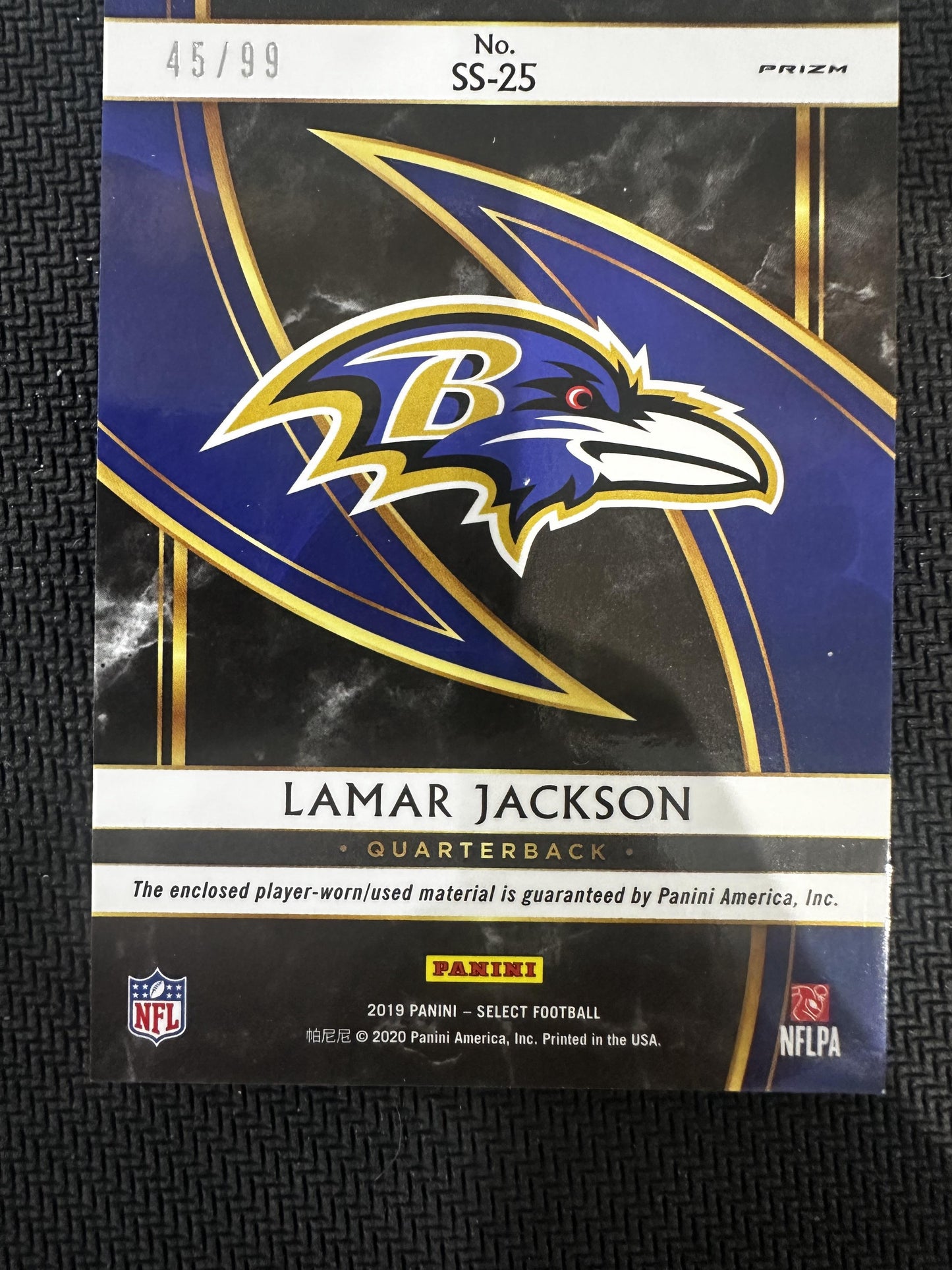 2019 Panini Select #SS-25 Lamar Jackson Select Swatches Prizm #/99