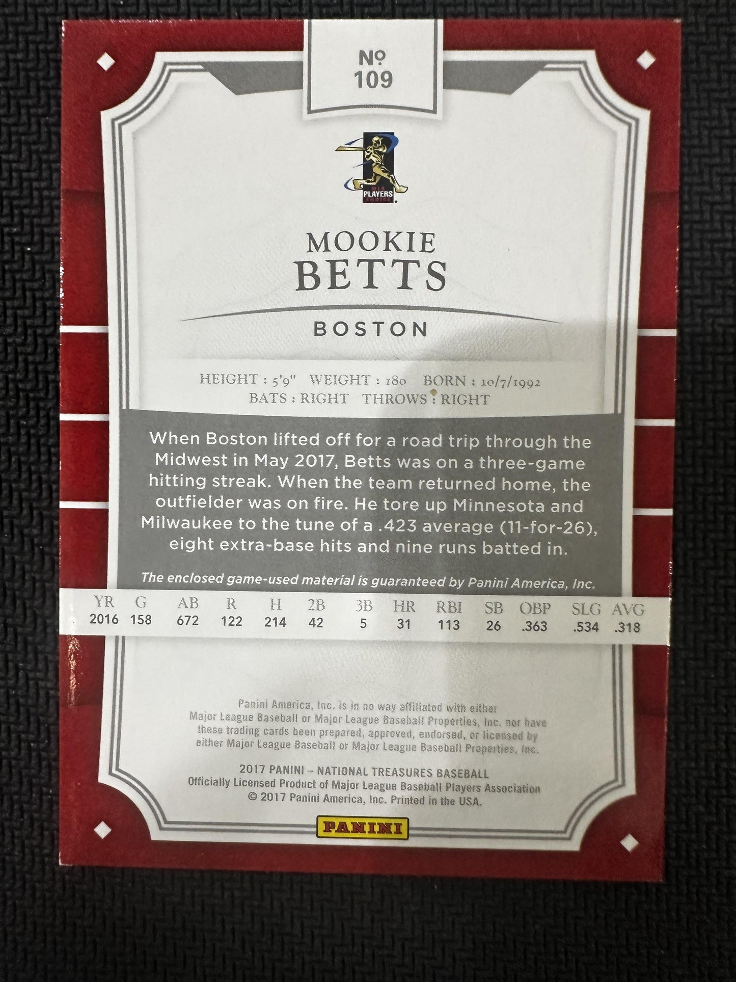 2017 Panini National Treasures #109b Mookie Betts Gold #/25