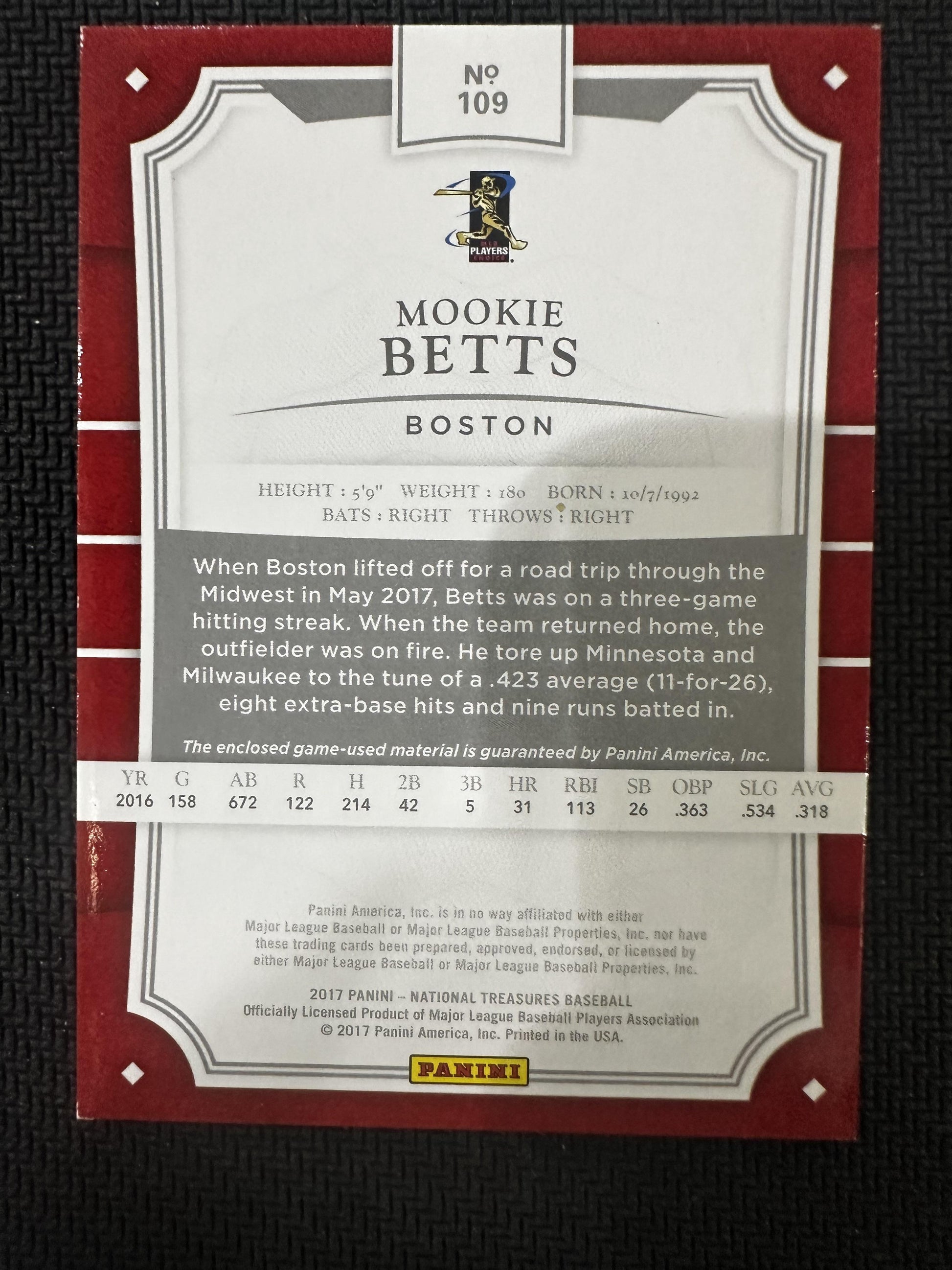 2017 Panini National Treasures #109b Mookie Betts Gold #/25