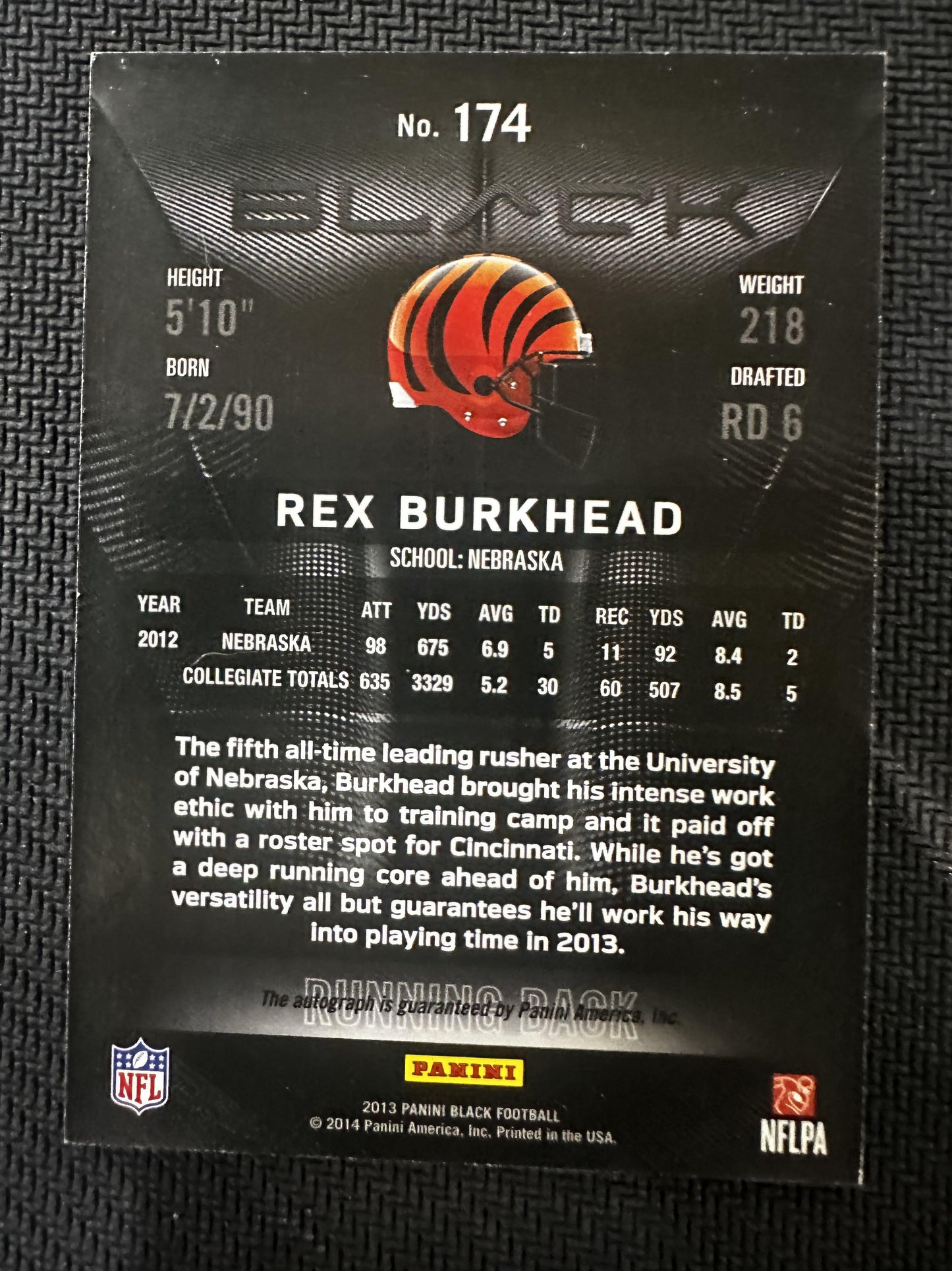 2013 Panini Black #174 Rex Burkhead Rookies Signatures Gold #/25