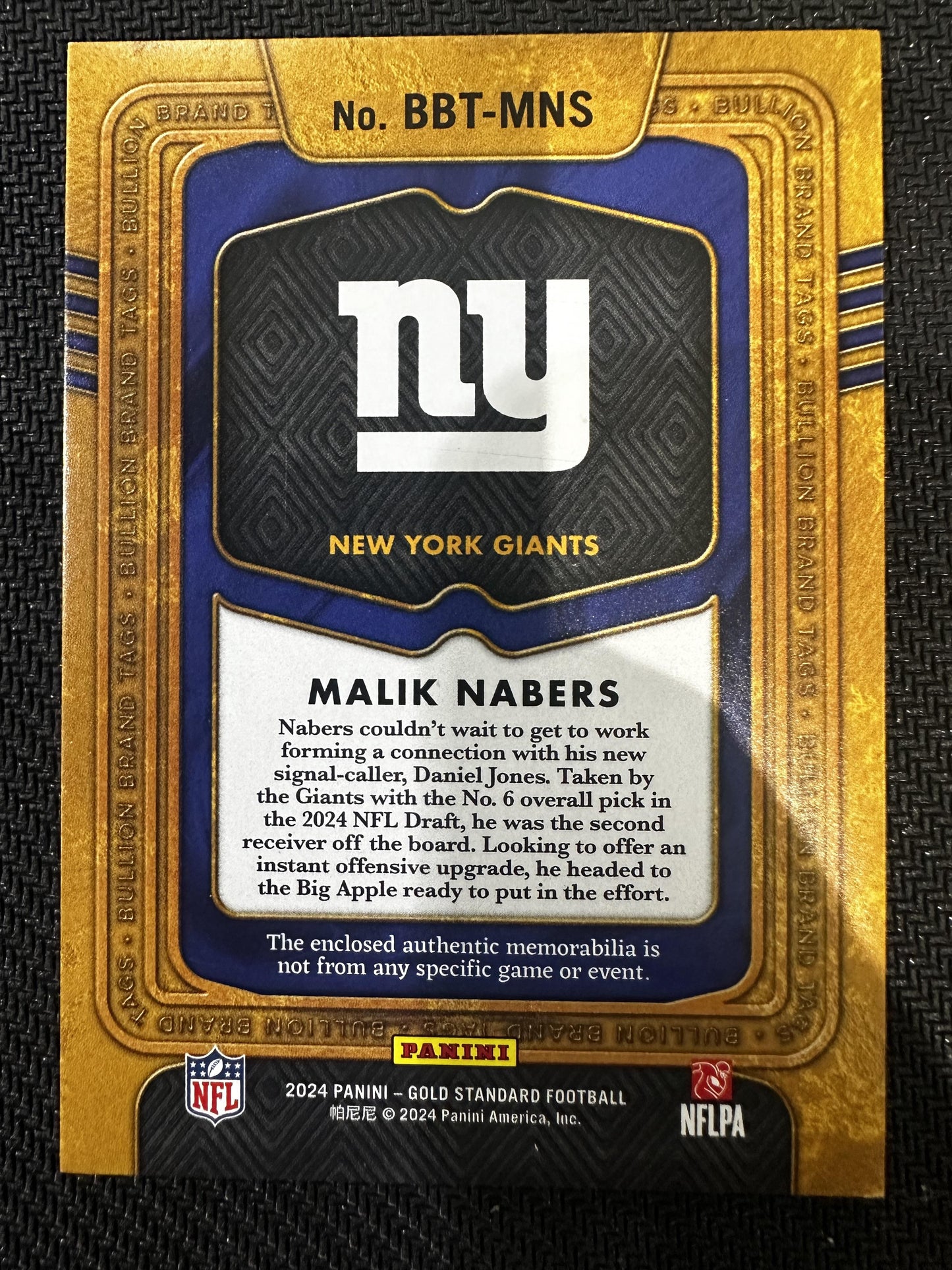 #BBT-MNS Malik Nabers 2024 Panini Gold Standard Laundry Tag Patch /10