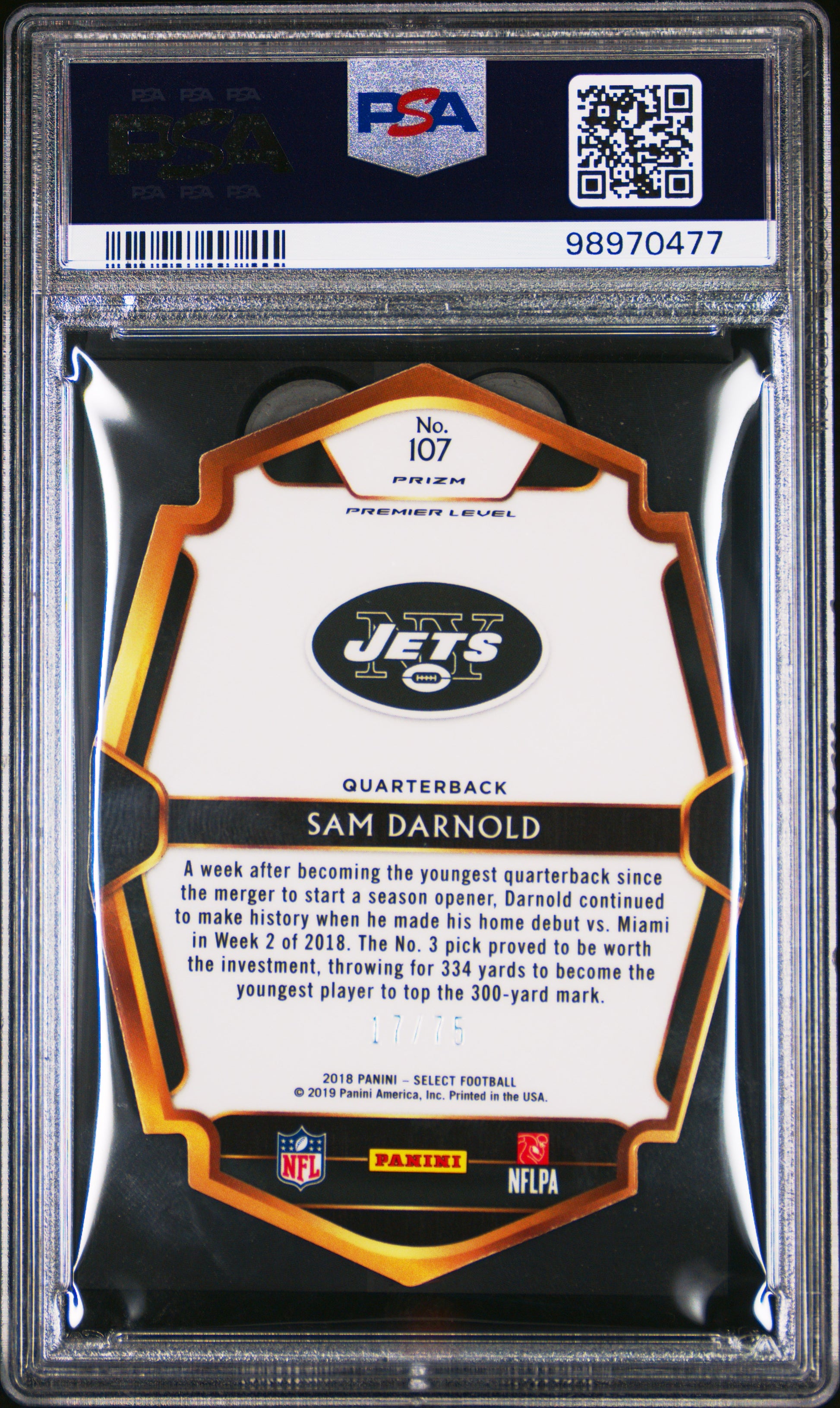 #107 Sam Darnold 2018 Panini Select 10 GEM-MT sports Die-Cut Purple Prizm