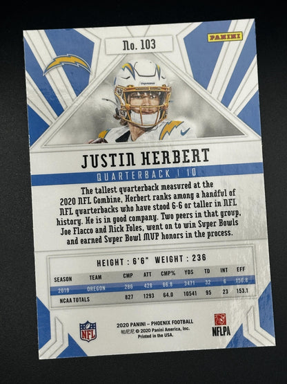 #103 Justin Herbert 2020 Panini Phoenix RC Los Angeles Chargers Fire Burst