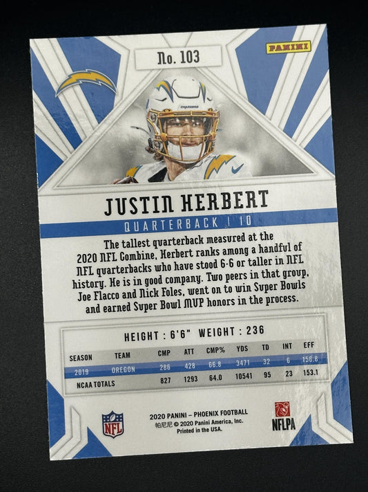 #103 Justin Herbert 2020 Panini Phoenix RC Los Angeles Chargers Fire Burst