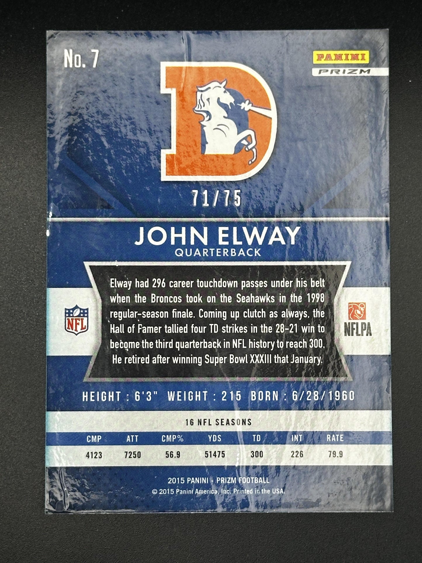 #7 John Elway 2015 Panini Prizm SN #/75 Denver Broncos Green Crystals Prizm
