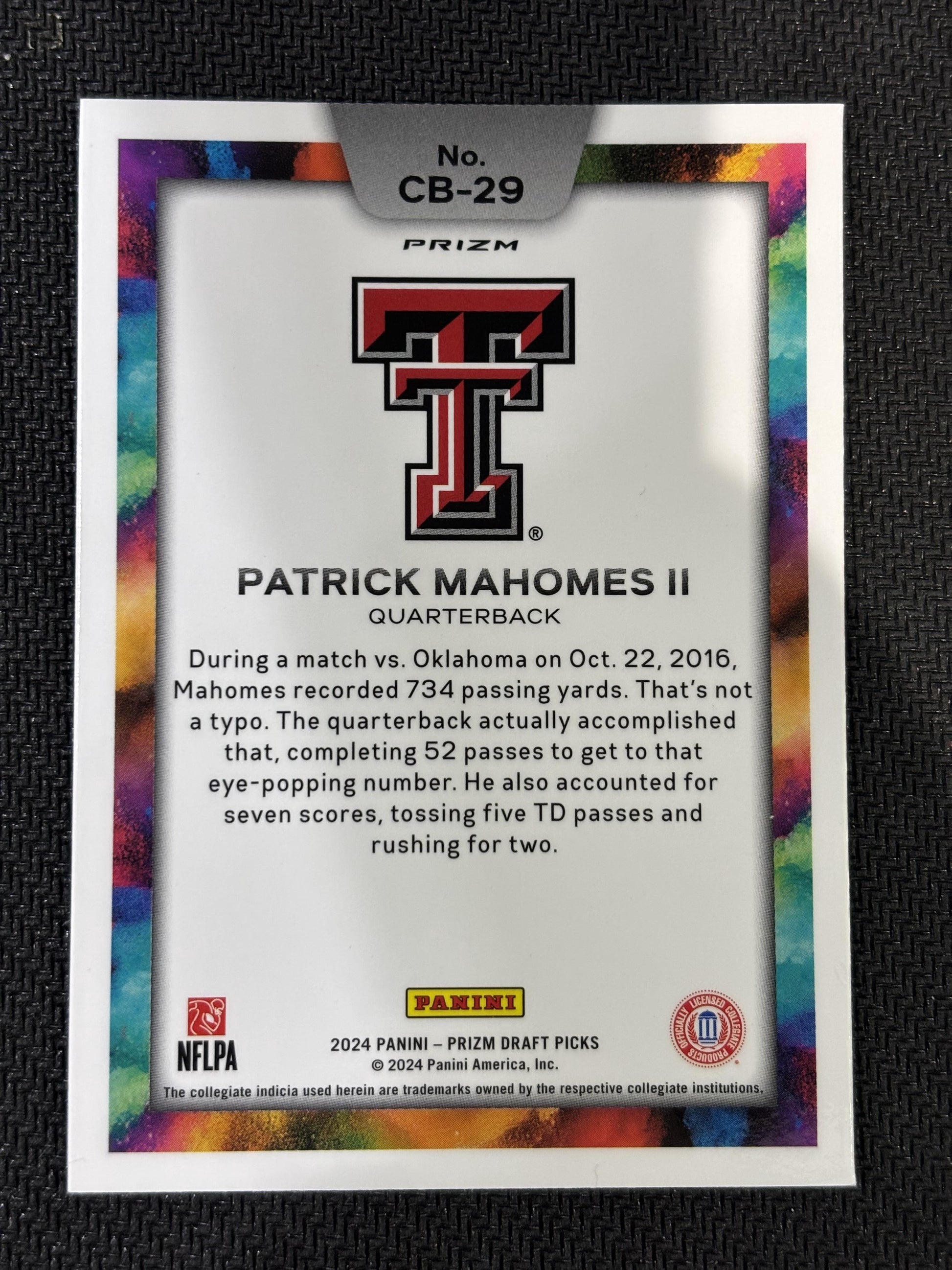 #CB-29 Patrick Mahomes II 2024 Panini Prizm Draft Picks Colorblast Black