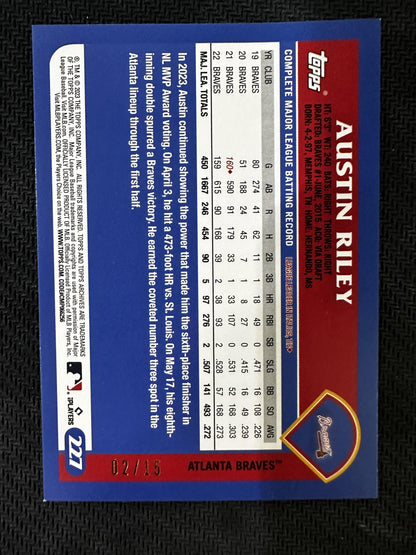 #227 Austin Riley 2023 Topps Archives SN #/15 Braves Orange Hot Foil