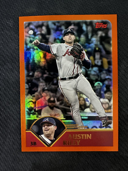 #227 Austin Riley 2023 Topps Archives SN #/15 Braves Orange Hot Foil