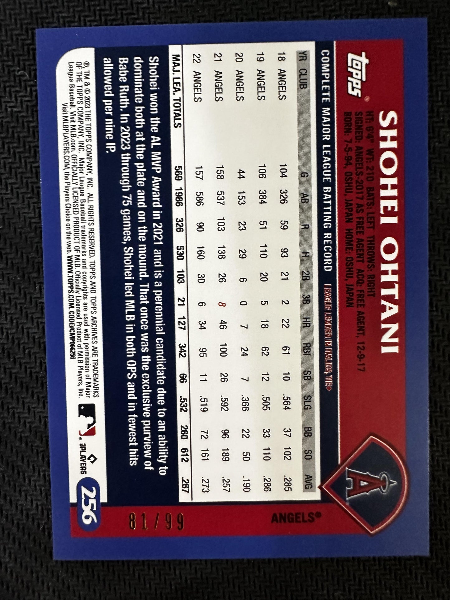 #256 Shohei Ohtani 2023 Topps Archives SN #/99 Los Angeles Angels Green Foil