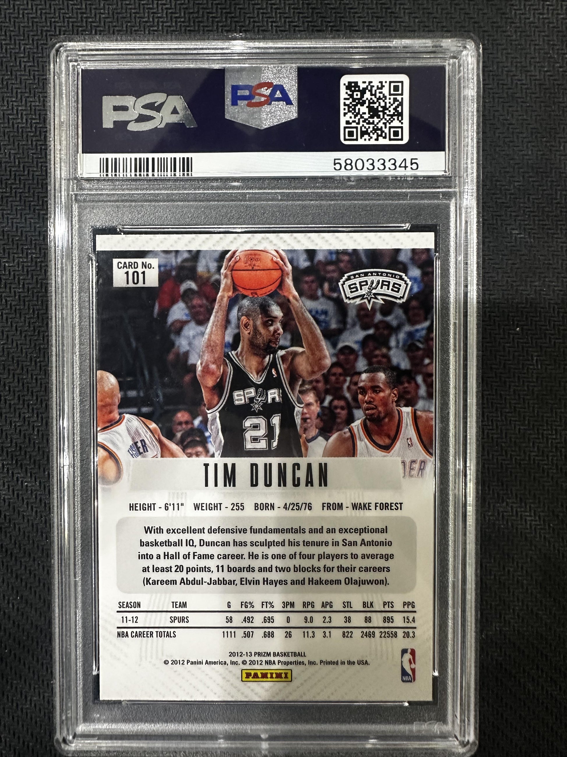 #101 Tim Duncan 2012 Panini Prizm 9 MT sports