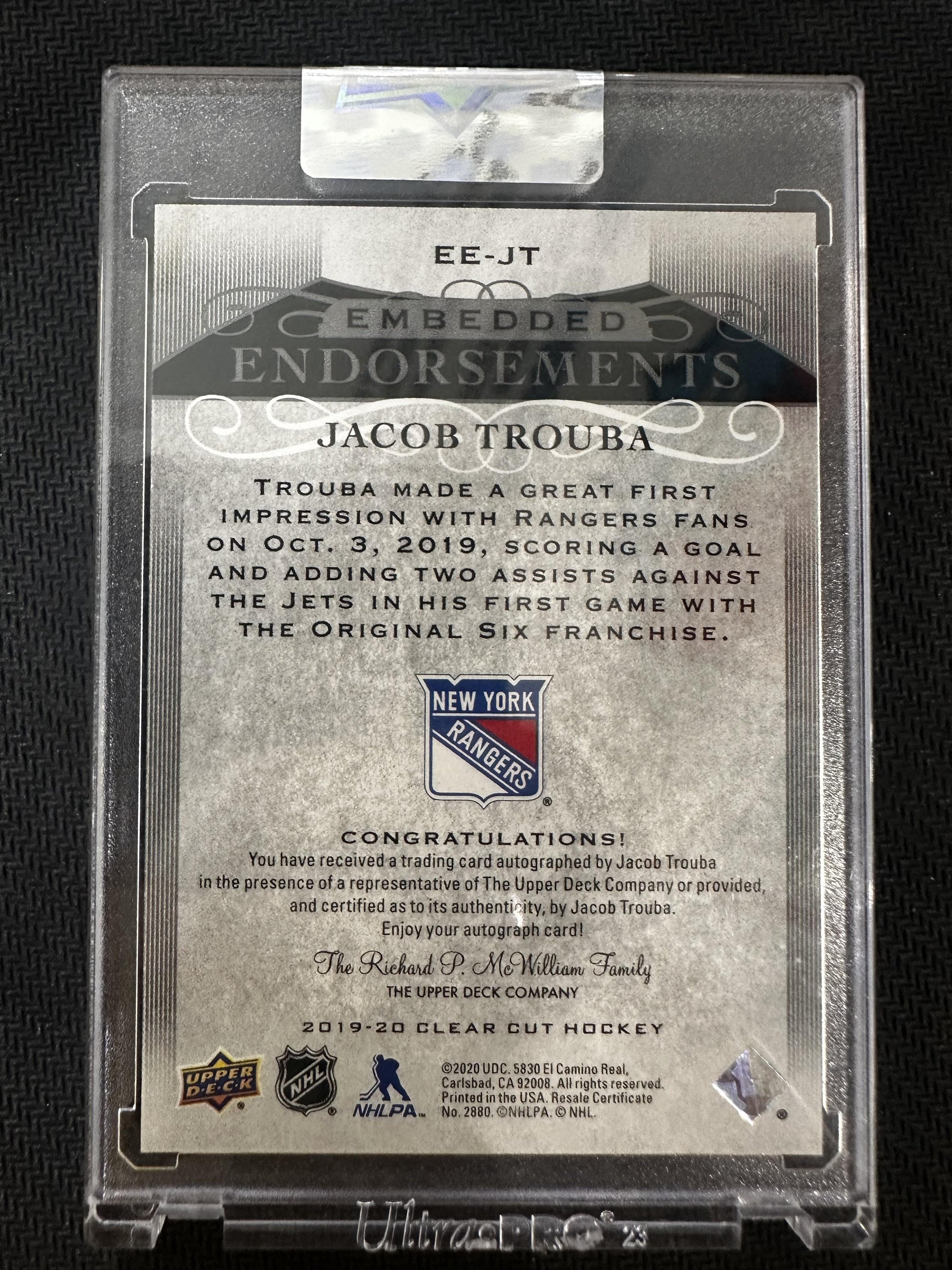 #EE-JT Jacob Trouba 2019 Upper Deck Clear Cut Auto /99 Rangers Endorsements