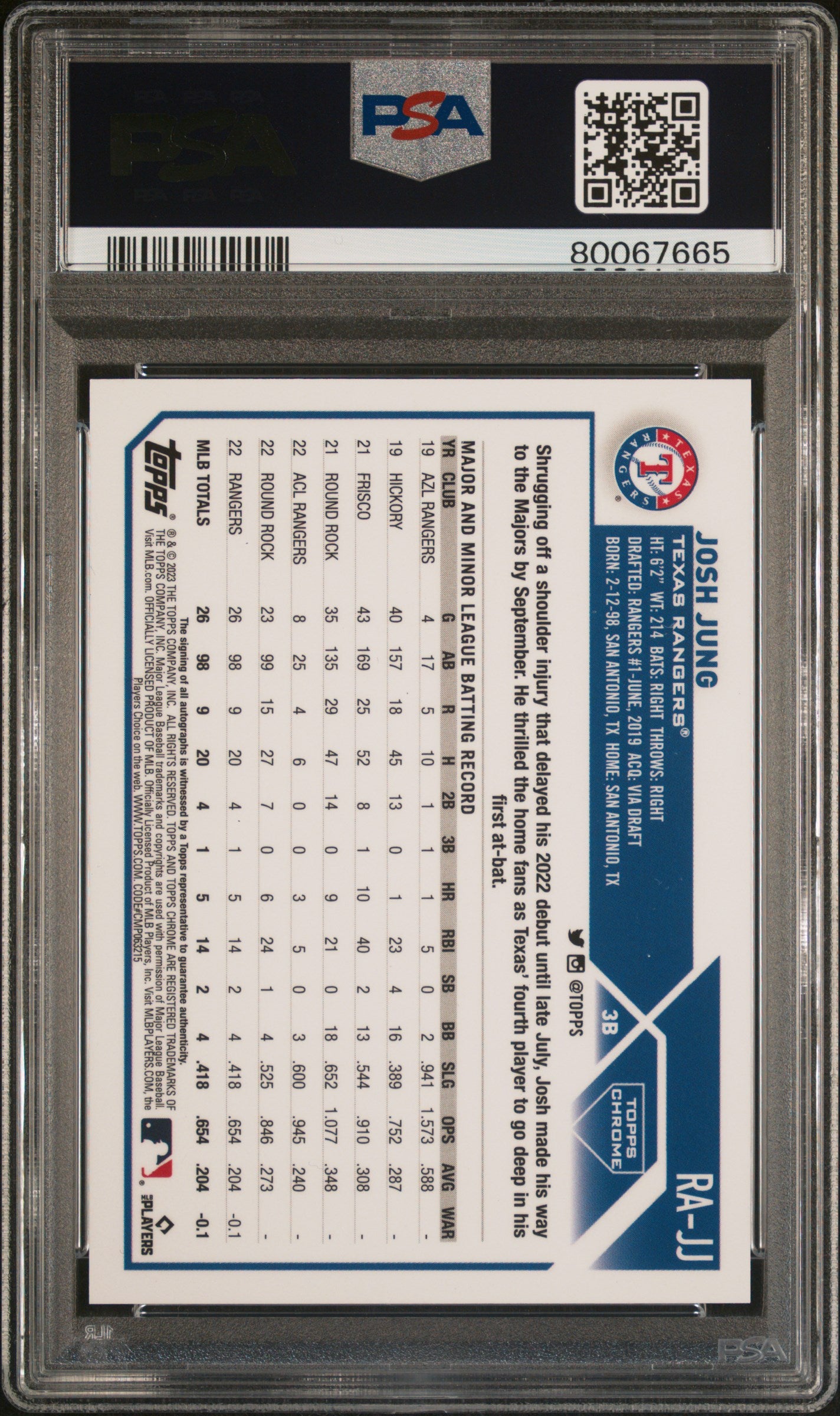#RAJJ Josh Jung 2023 Topps Chrome Rookie Autograph 10 GEM-MT sports