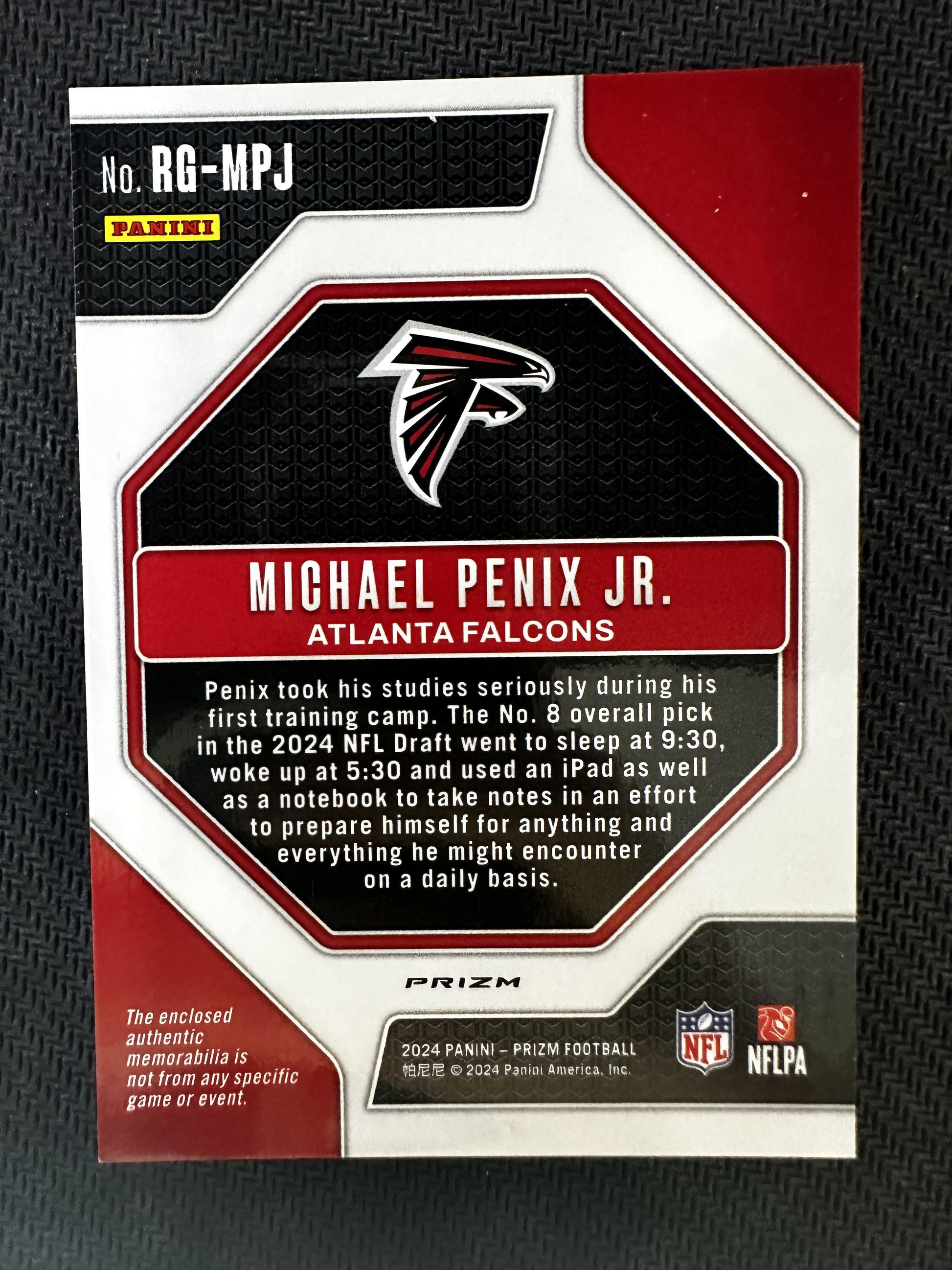 #RG-MPJ Michael Penix Jr. 2024 Panini Prizm MEM Atlanta Falcons Rookie Gear