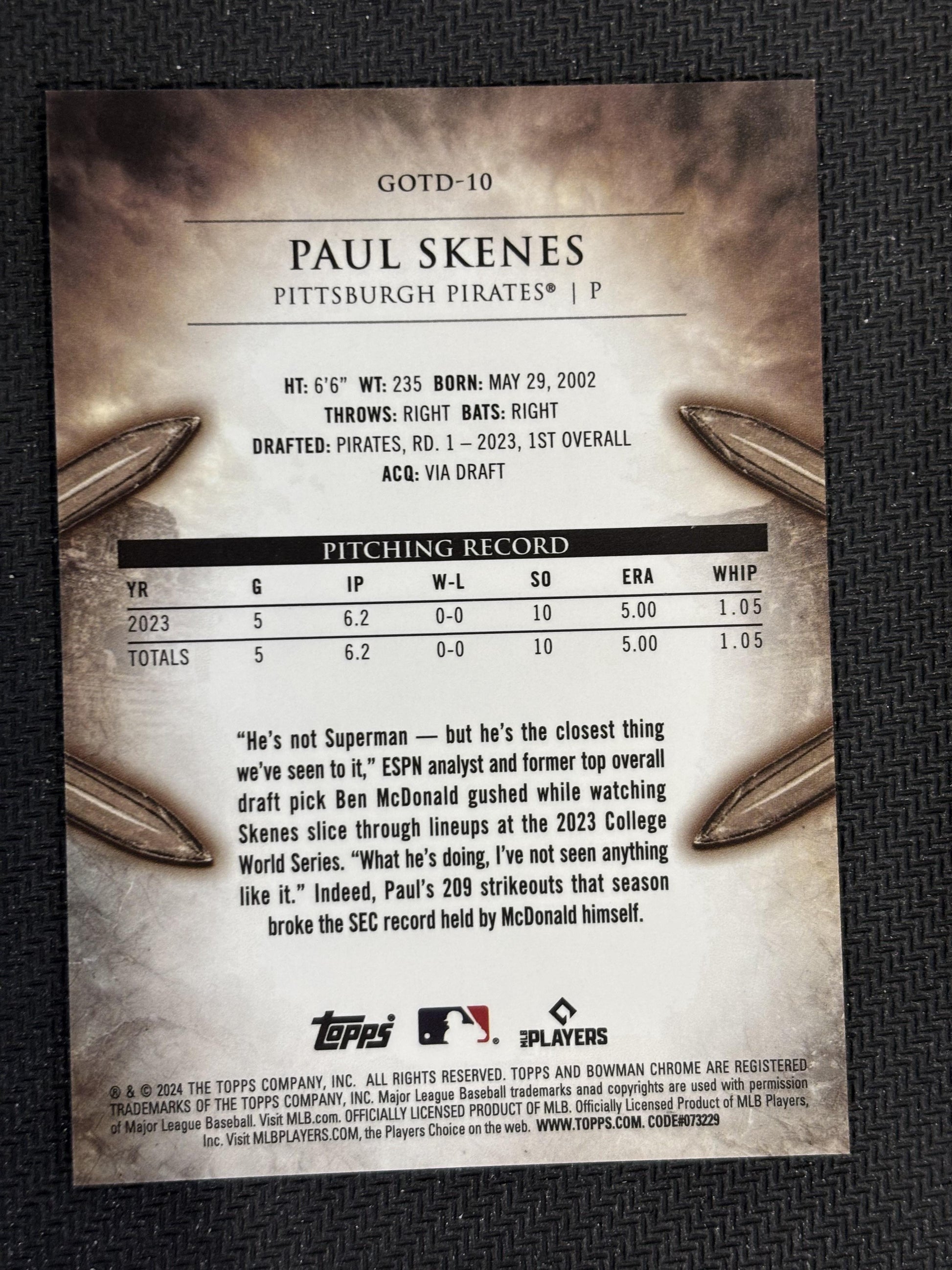 #GOTD-10 Paul Skenes 2024 Bowman Pittsburgh Pirates Gladiators of the Diamond