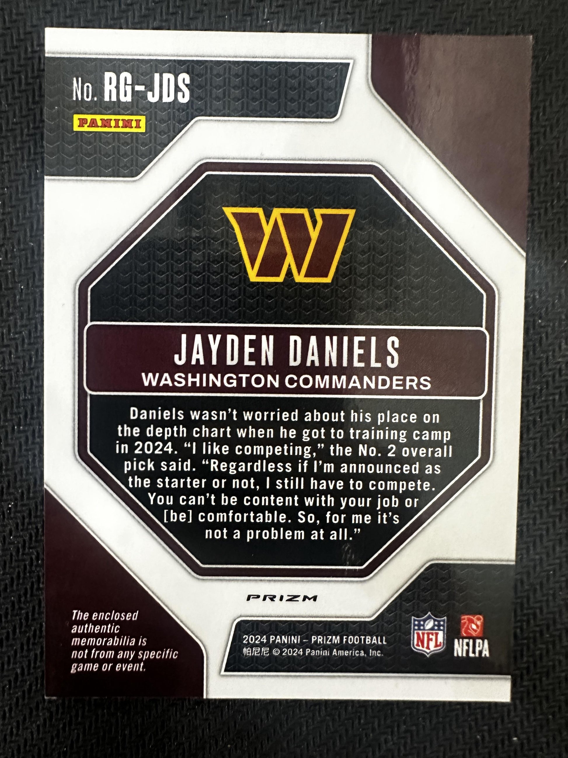 #RG-JDS Jayden Daniels 2024 Panini Prizm MEM Washington Commanders Rookie Gear