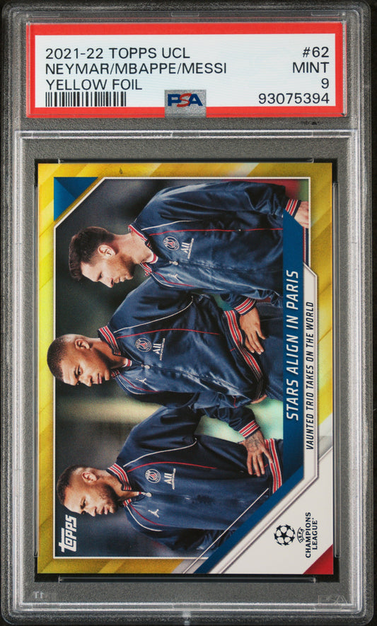 #62 Neymar/Mbappe/Messi 2021-2022 Topps Uefa Champions League 9 Yellow Foil