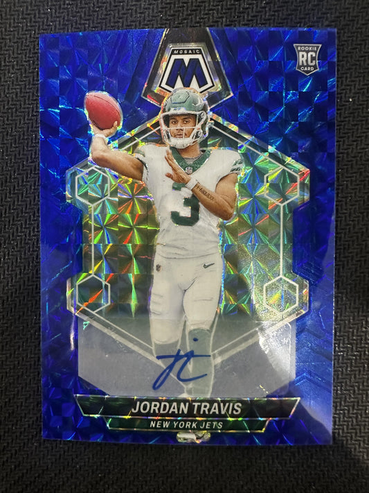 #395 Jordan Travis 2024 Panini Mosaic SN,AU Auto #/99 Jets Rookie Auto Blue