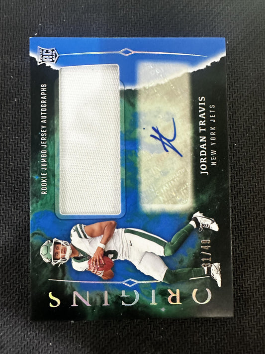 #RJA-JTR Jordan Travis 2024 Panini Origins /49 Jets Jumbo Jersey Auto Blue